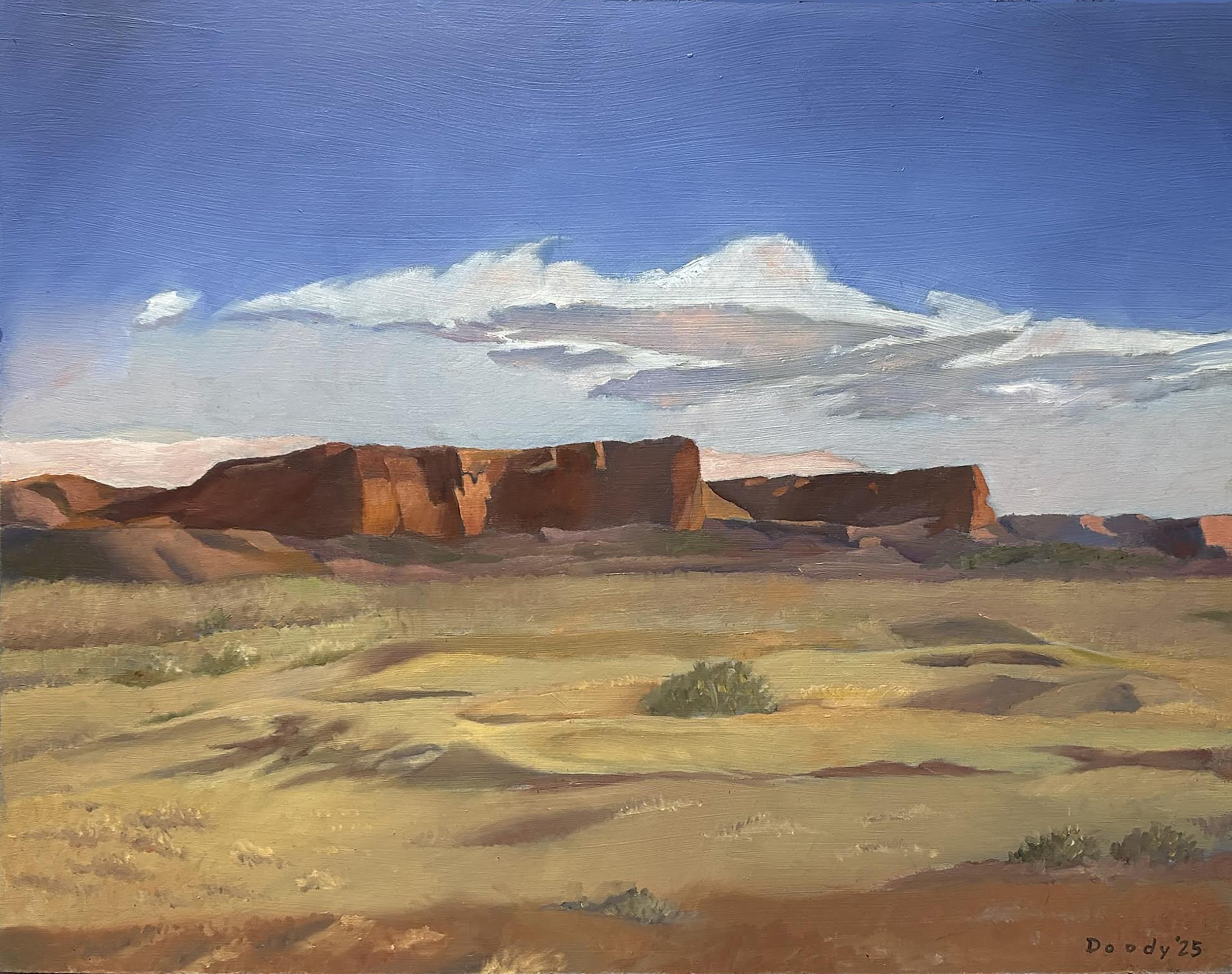 EAST OF GALLUP N.M. 16" X 20" Oil on masonite. 2025. On our way to Albuquerque, New Mexico via the Amtrak Southwest Chief, December 8, 2023. The Land of Enchantment shows off some of it's awesome rock cliffs mesas and cloud formation.