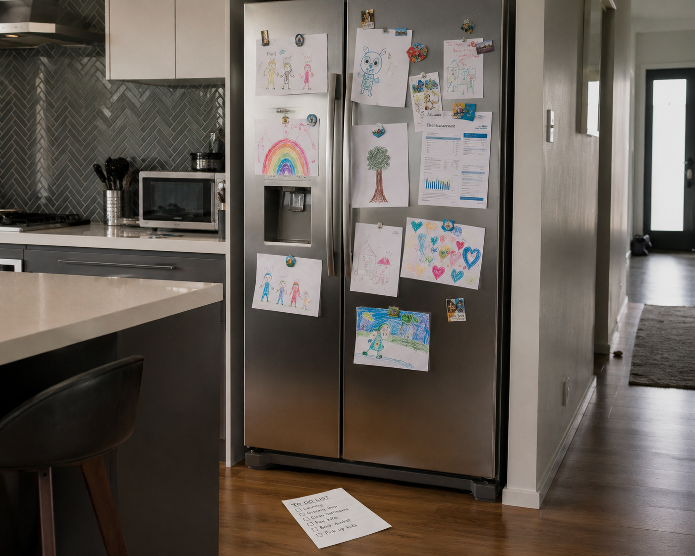 picture of a fridge covered in child drawings in a modern kitchen, with a to-do list lying on the floor