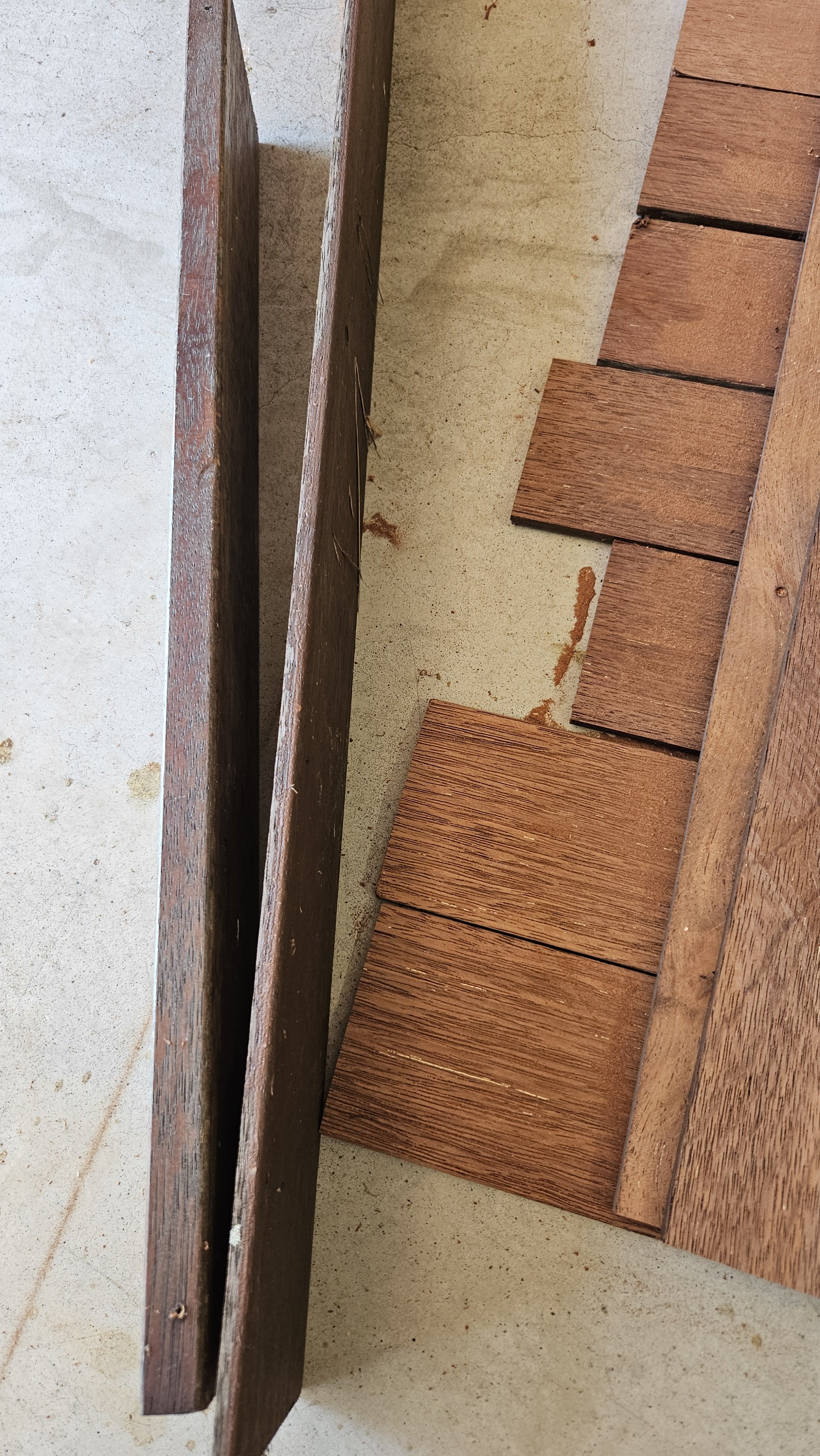 a visual comparison of a piece of old decking timber and one ripped thinner