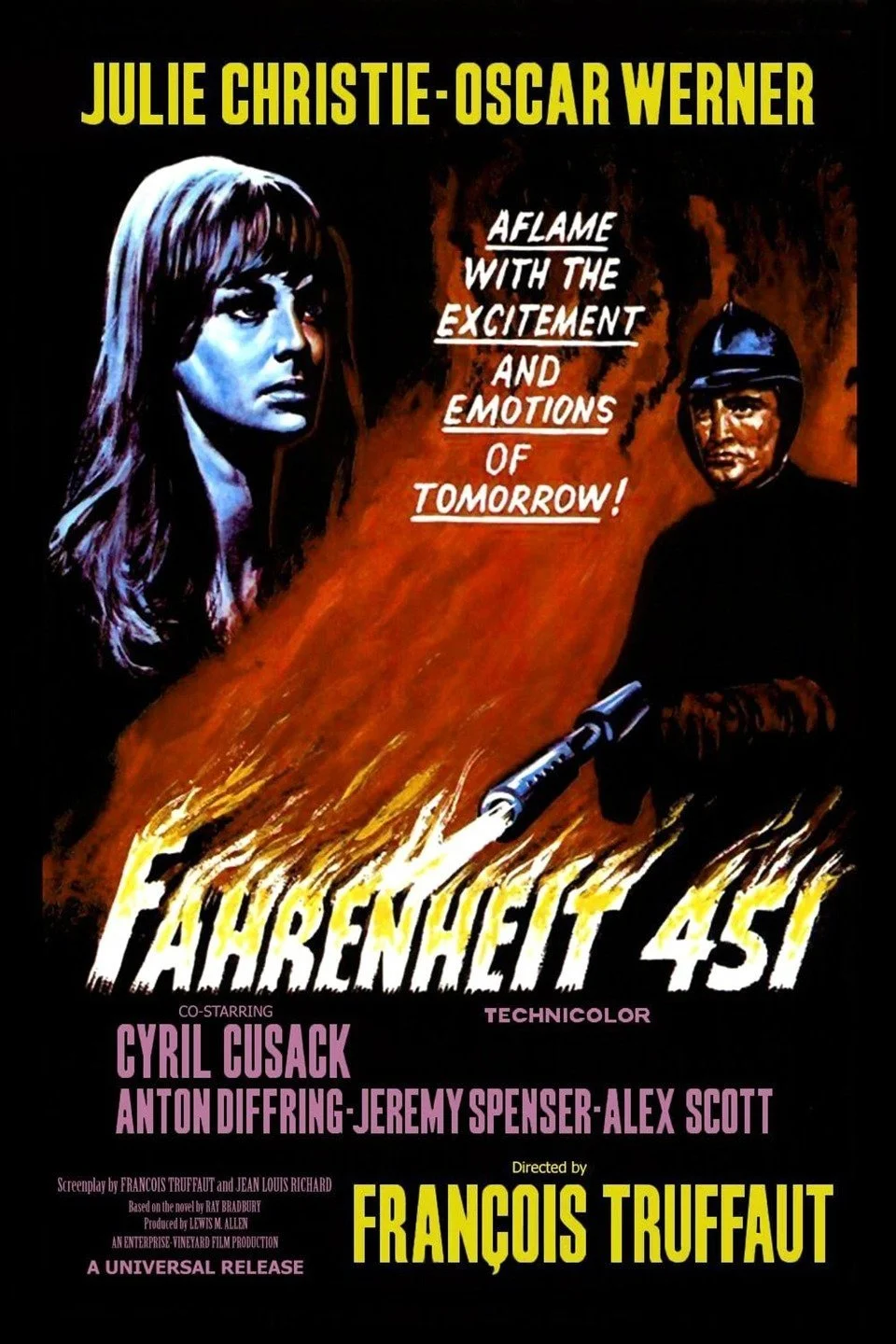 Fahrenheit 451 (1966) movie poster - showing a woman's face and a fireman setting fire to books - art style- hand painted 1960s style