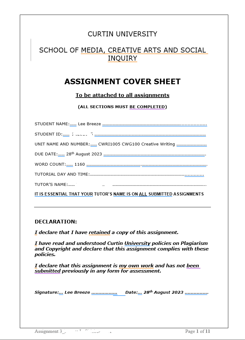 Assignment cover sheet