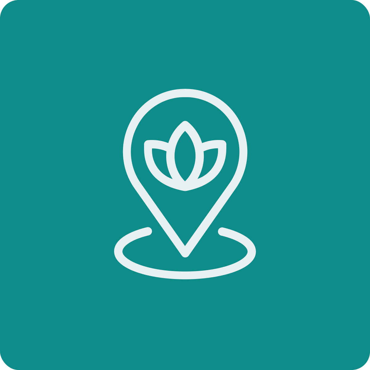 Icon of a location pin with a lotus flower inside, on a teal background.