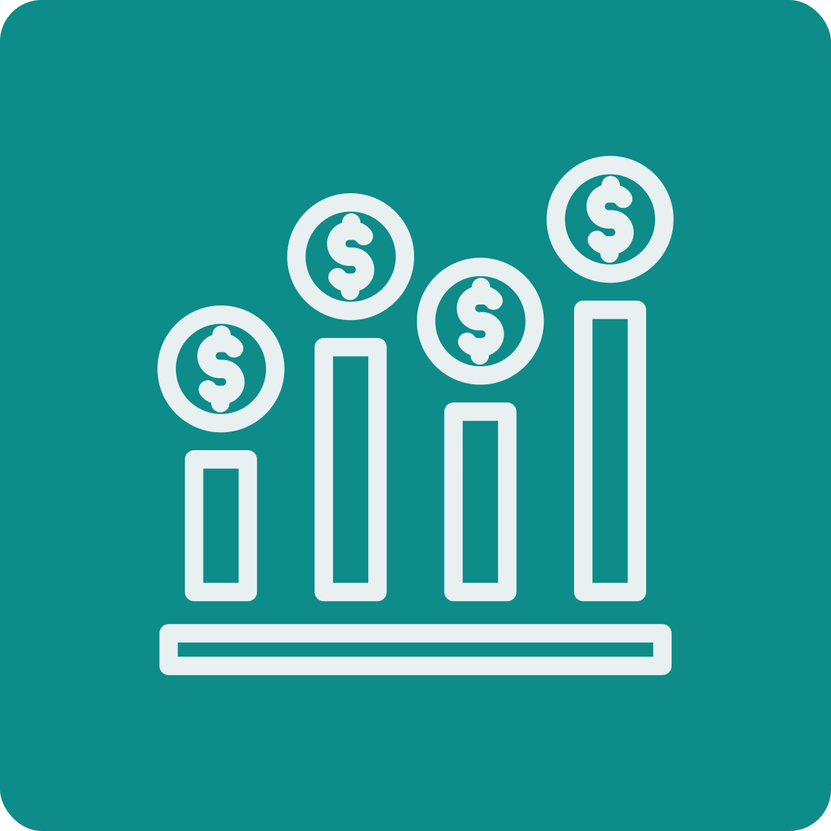 An infographic showing a bar chart with increasing height, each bar topped with a dollar sign coin, illustrating financial growth or profit increase.
