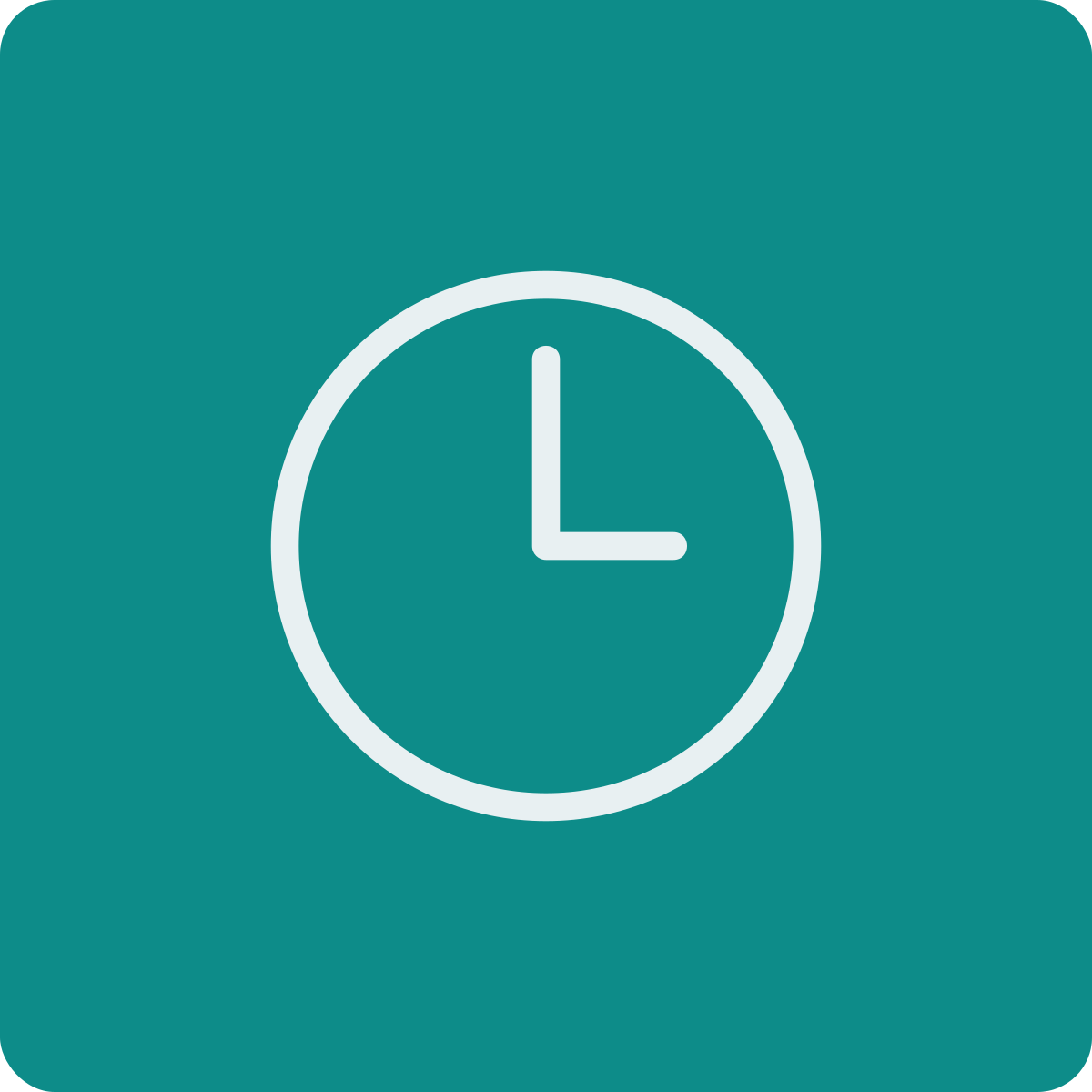 Icon of a clock showing 3 o'clock on a teal background.