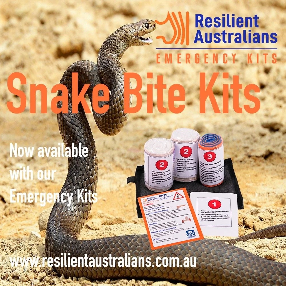 Seen a few snakes around lately? We have added a Snake Bit Kit for $39 as an option to our Emergency Kits so you're prepared should you need to assist someone who's been bitten. 
Our includes easy to follow instructions, a snake bite dressing, 2 band