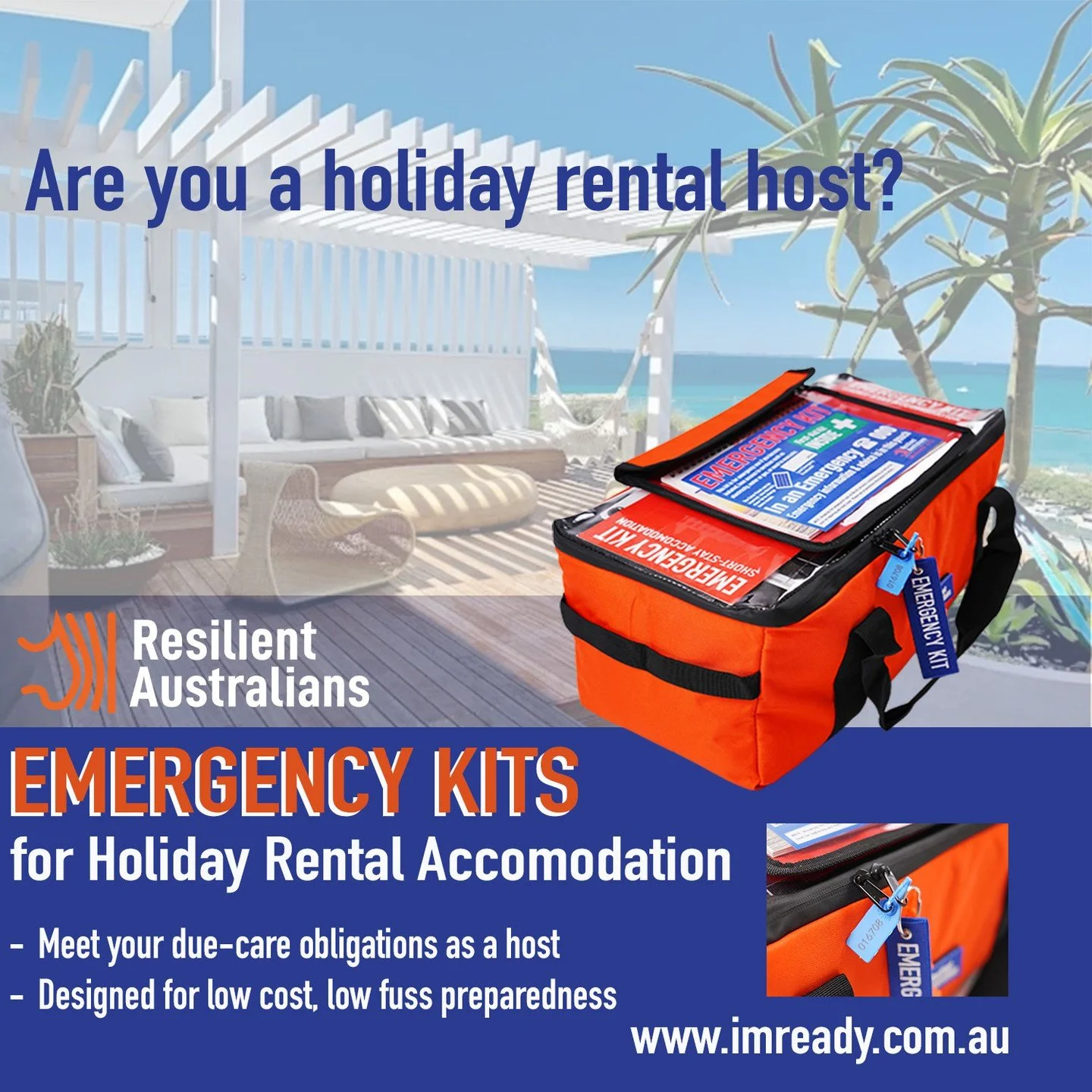 Attention Holiday Rental Accomodation Hosts!

Do you have a short term holiday rental like a AirBnB, Stayz that your proud of?

Have you organised an Emergency Kit for your guests?

Resilient Australians now have an Emergency Kit made specifically fo