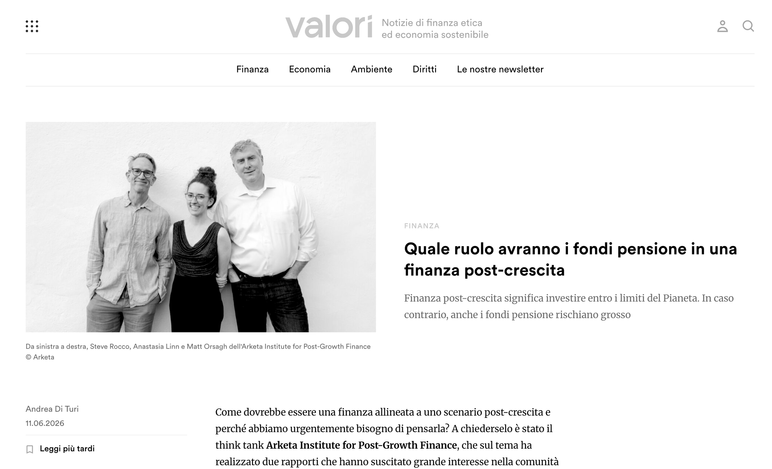 Arketa’s Pension Work Highlighted in Interview with Valori.it 