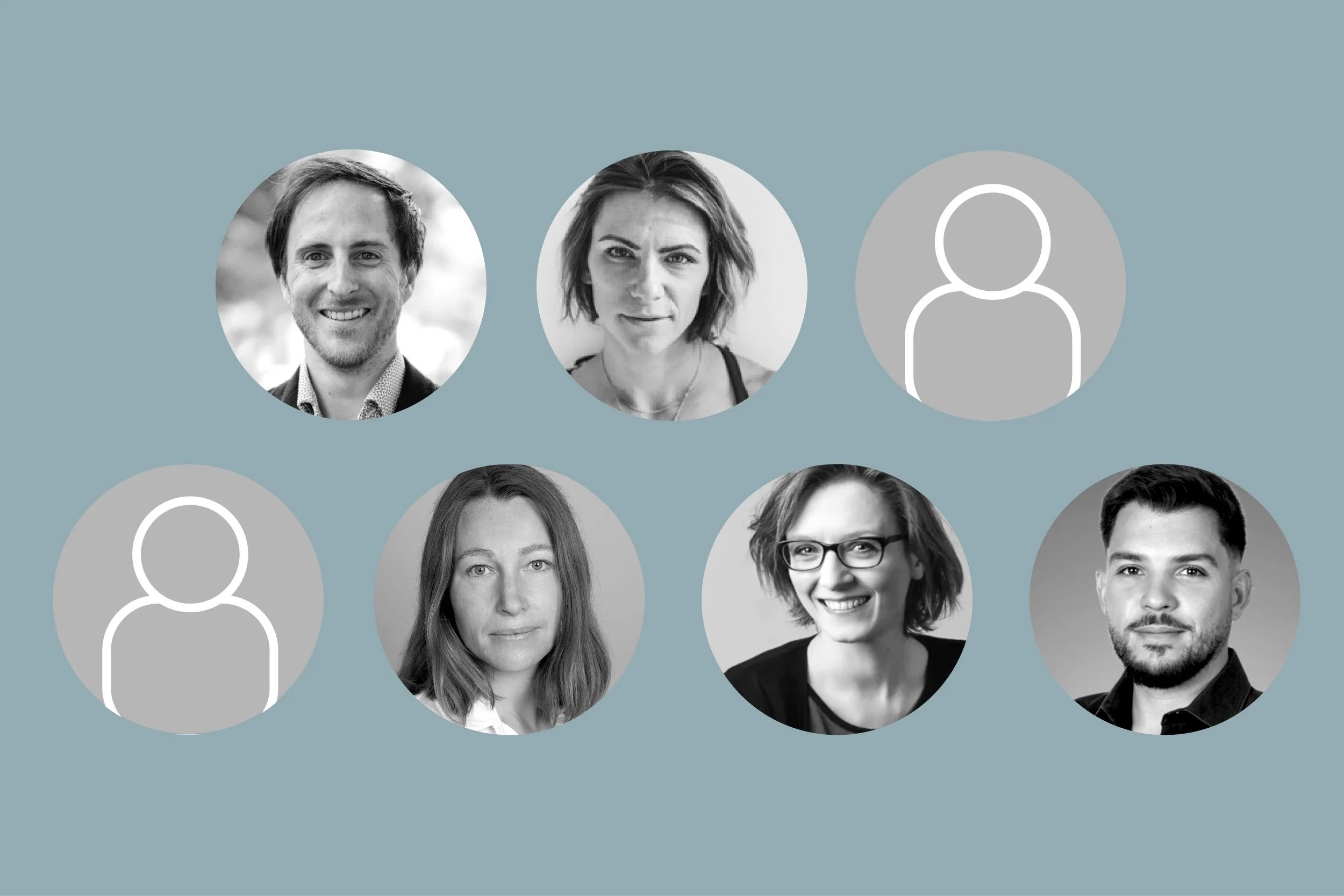 Black and white images of seven academics on a light blue background