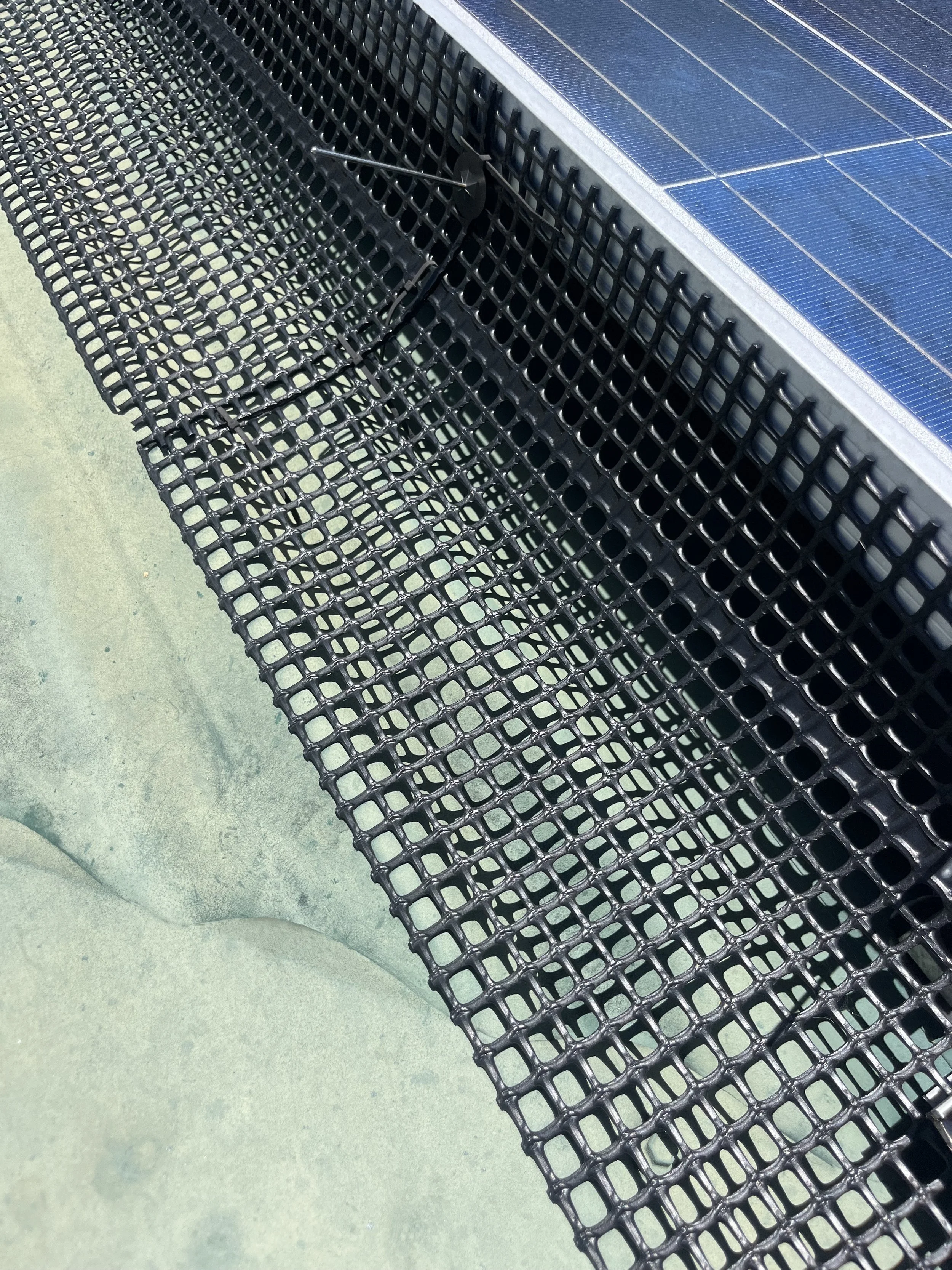 Bird meshing installed around solar panels to protect from nesting of birds