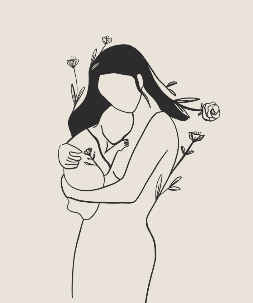 Linienzeichnung einer Frau, die ein Baby hält, umgeben von Blumen auf einem neutralen Hintergrund.