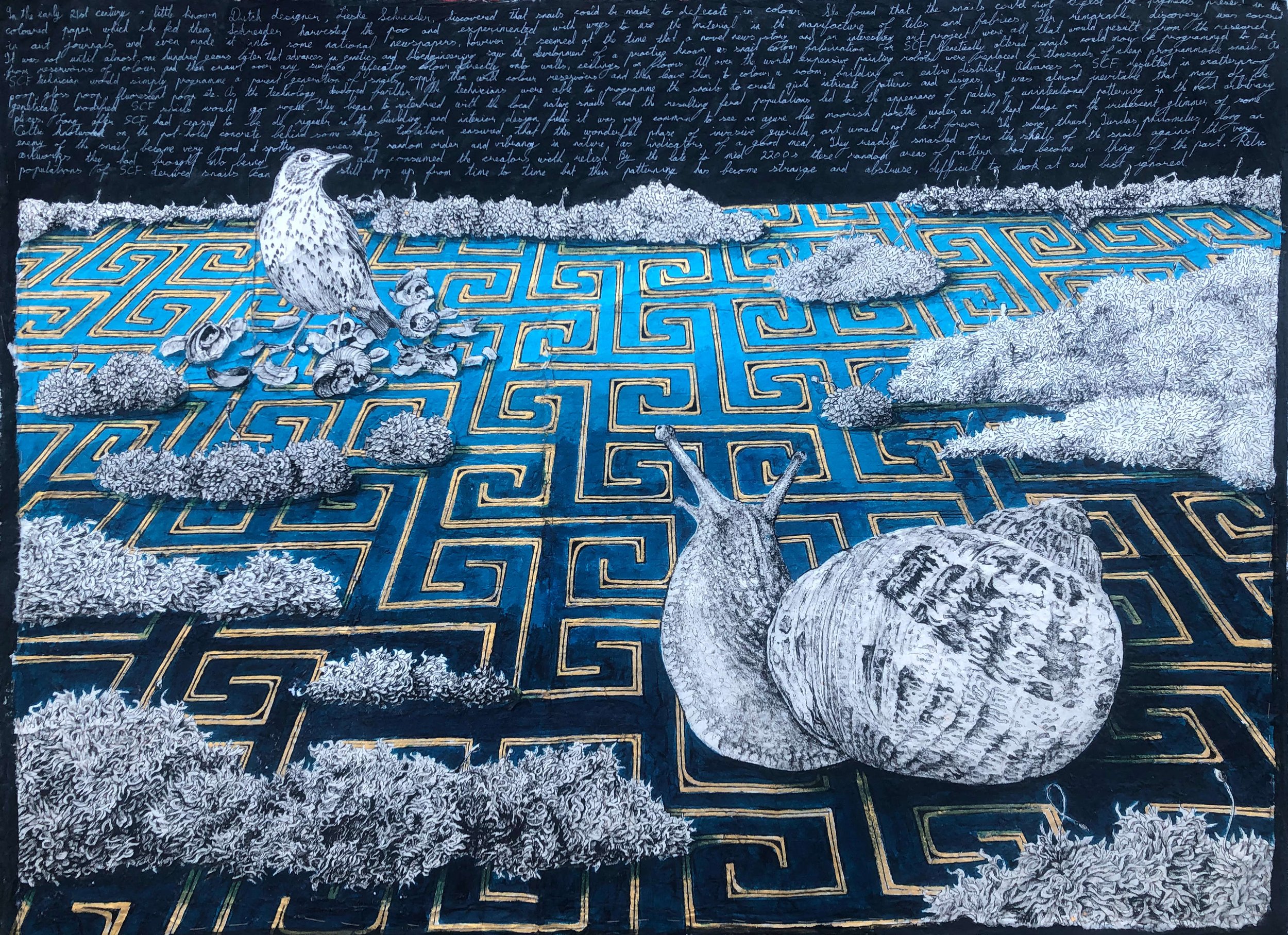 David Kavanagh, Snail colour fabrication and feral patterning, ink and acrylic on Lokta paper