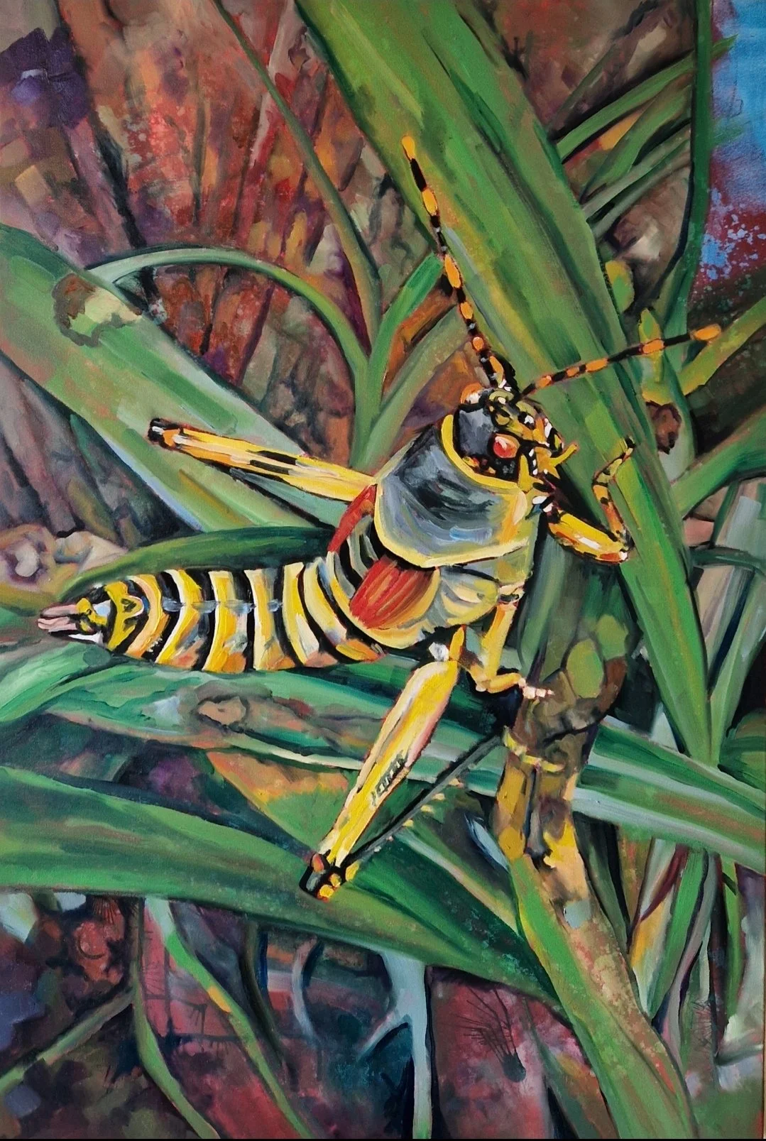 Emma Jacobs, "Elegant Grasshopper," oil on canvas