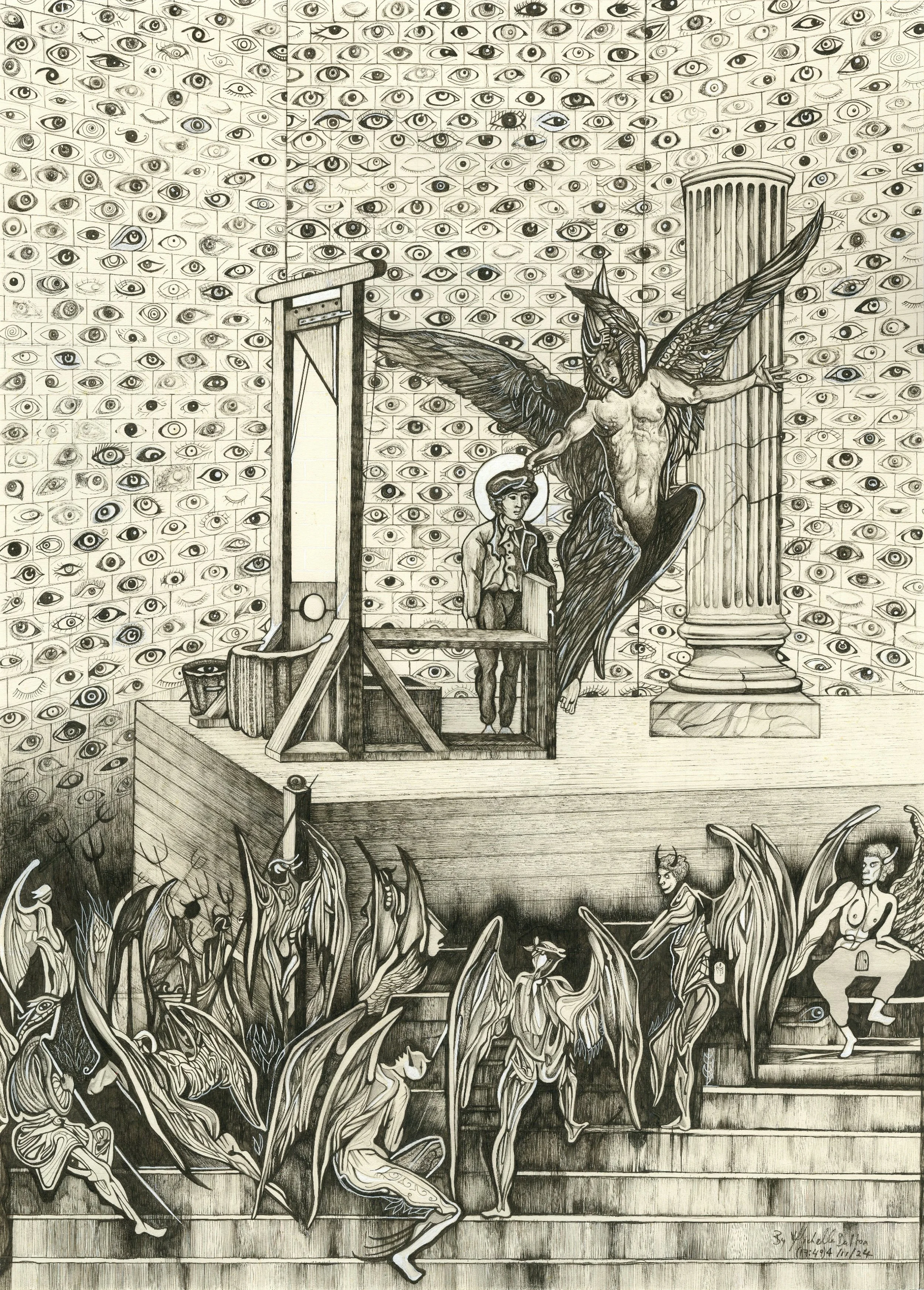 Michelle Dalton, A Guillotine for Angels, mixed media drawing on paper