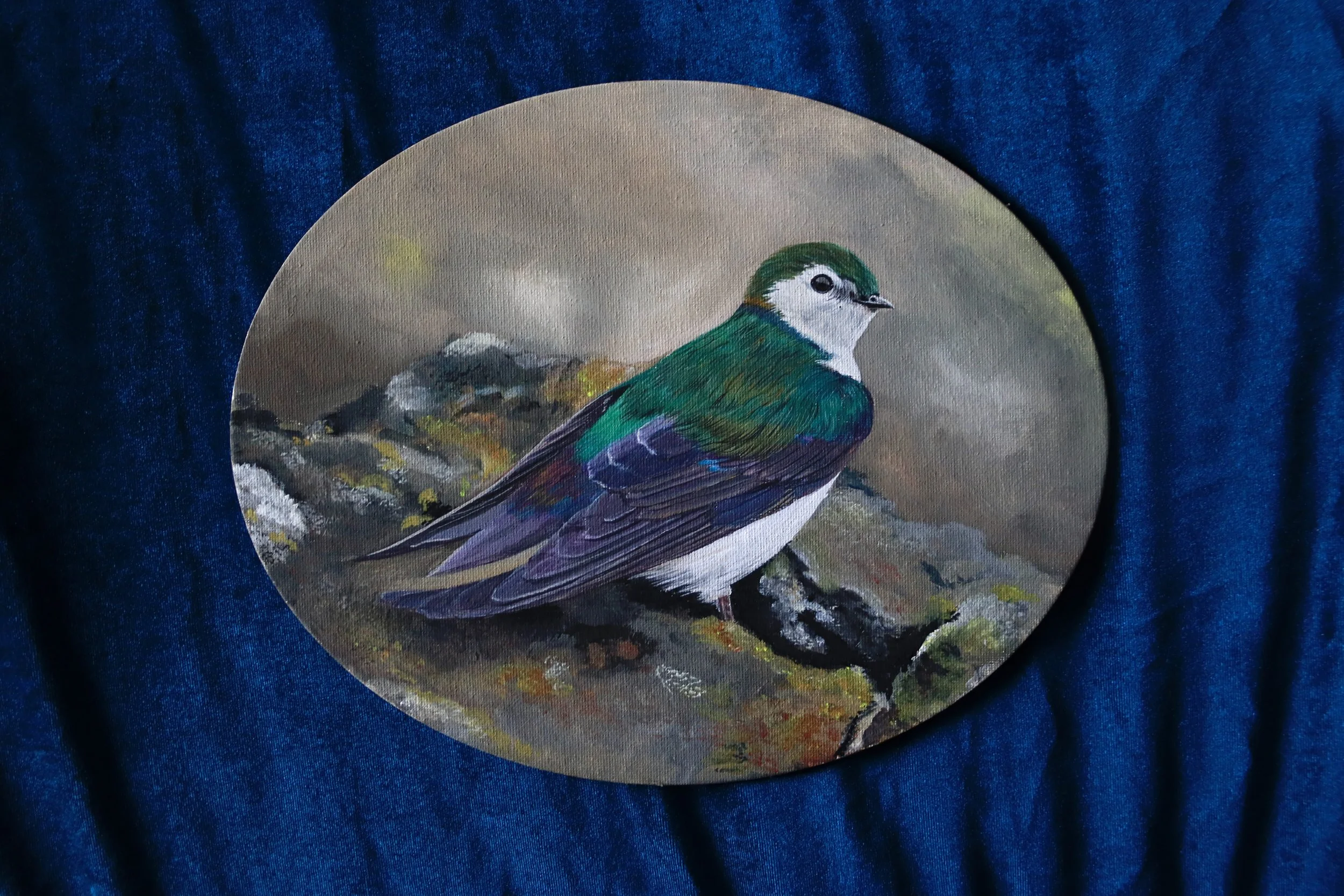 Maryna Chuhai, "Violet-green Swallow," gouache on canvas