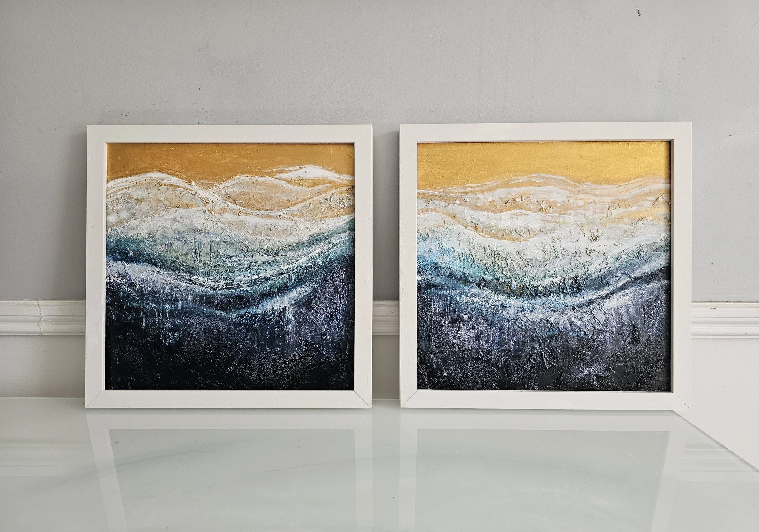 Emma O'Connor-Bray, Beach Waves I & II, acrylic on cradled wood with textured medium