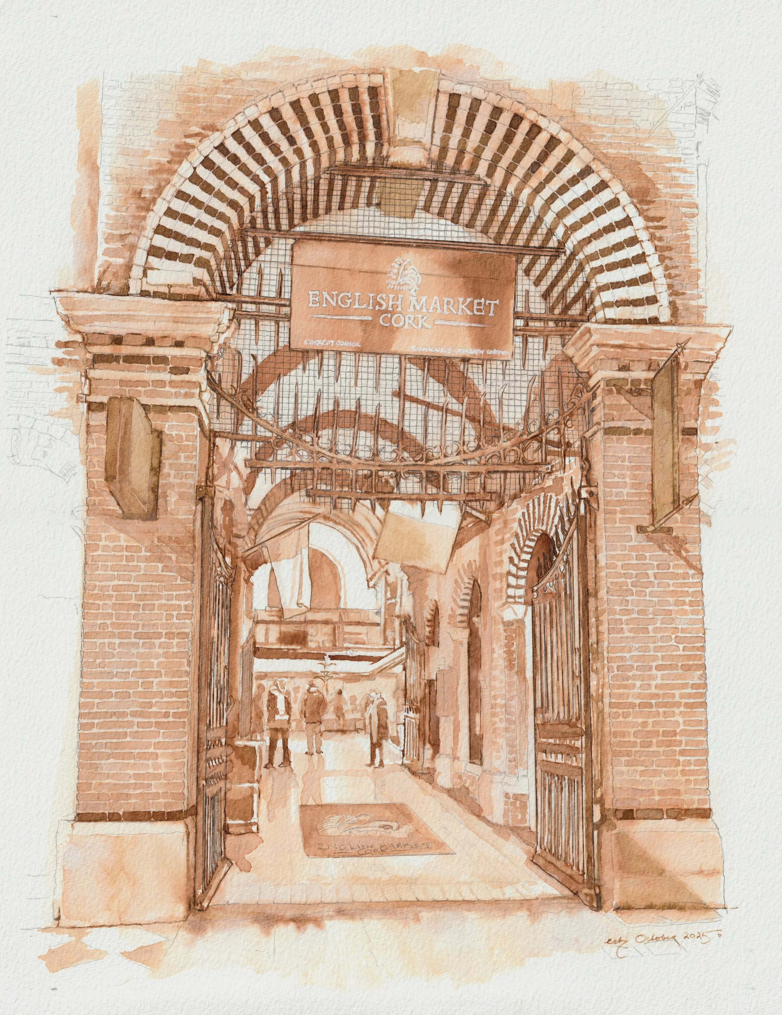 Edel Ryder-Hanrahan, Autumn Morning at the Market, Ink & pencil on watercolour paper