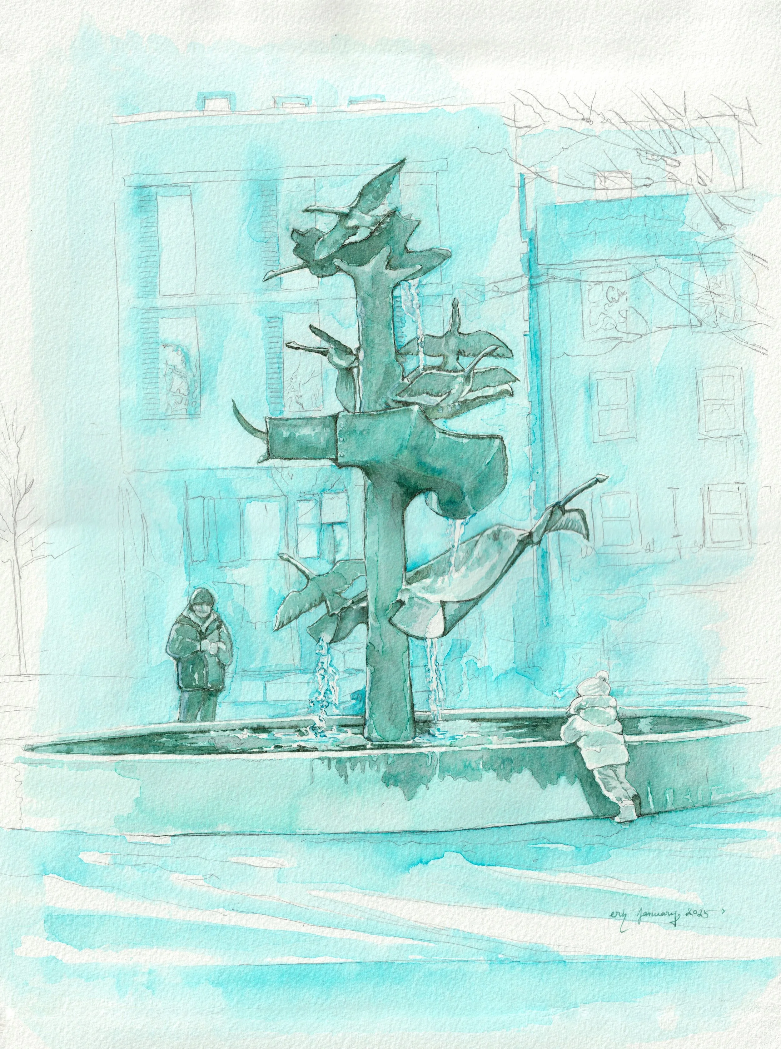 Edel Ryder-Hanrahan, At Least the Fountain is Still the Same, Ink & pencil on watercolour paper