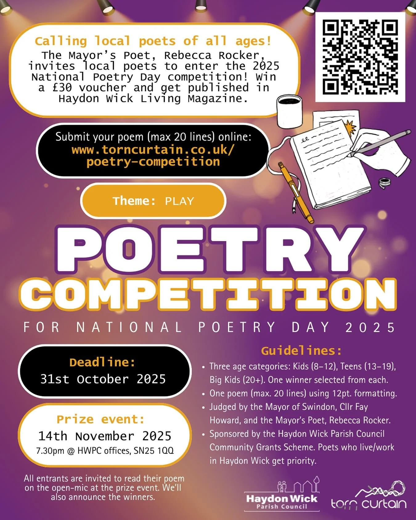 POETRY COMPETITION &amp; OPEN-MIC

Calling local poets of all ages!

Help us celebrate National Poetry Day 2025. Submit a poem online (max. 20 lines) on the theme of &lsquo;play&rsquo; by 31st October for your chance to win a &pound;30 voucher and ge