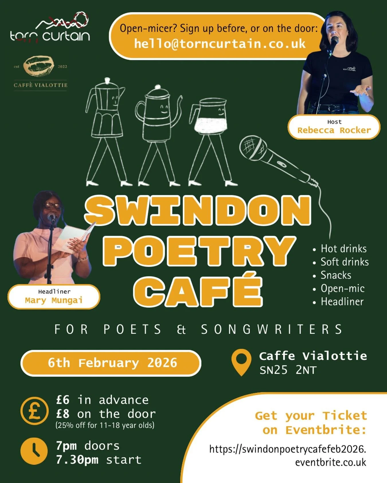 INTRODUCING&hellip; Swindon Poetry Caf&eacute;!

Calling local poets and songwriters! Come share your stories, stanzas and songs at Swindon&rsquo;s new, cosy open-mic night, launching in February 2026.

Open-mic spots at our quarterly poetry and come