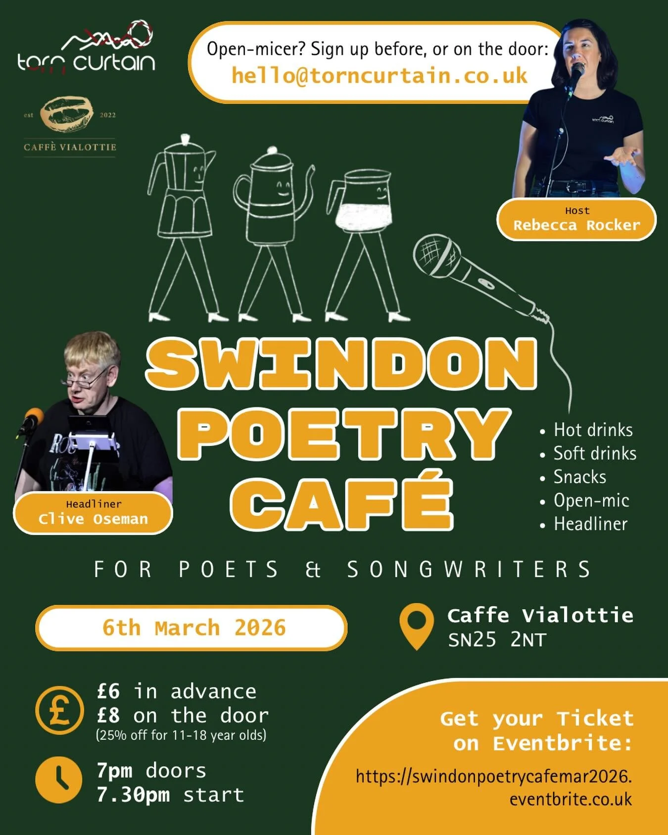 The next Swindon Poetry Caf&eacute; is on Friday 6th March at @caffe_vialottie headlined by local word wizard @osemanclive and hosted by the Mayor&rsquo;s Poet @rebeccarockerwrites 

There are 12 open-mic spots for poets and songwriters. Email hello@