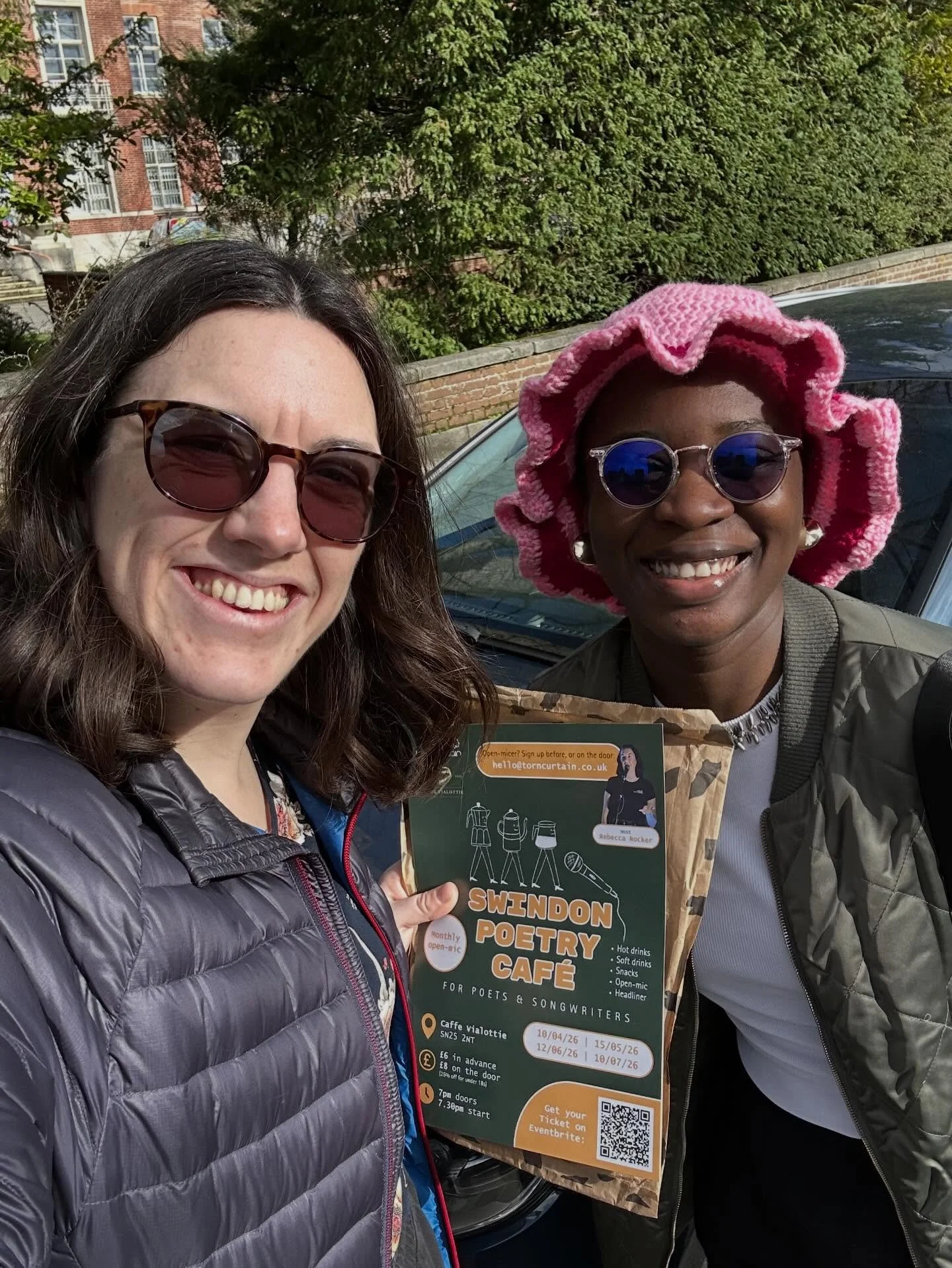 @rebeccarockerwrites and @deborahessien_ have been dropping Swindon Poetry Caf&eacute; posters around sunny Swindon this morning. 

Libraries, colleges, schools, community boards&hellip; let&rsquo;s gooooo!

Come and join us at @caffe_vialottie 

The