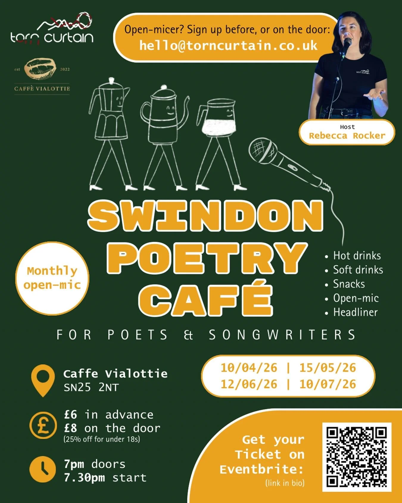 Come soak up the cosy, creative vibes at the Swindon Poetry Caf&eacute;, a monthly open-mic for local poets and songwriters. 

☕️ @caffe_vialottie 
🎤 @rebeccarockerwrites 

📅 Monthly, on Fridays: 10th April, 15th May, 12th June, 10th July

🎟️ (lin