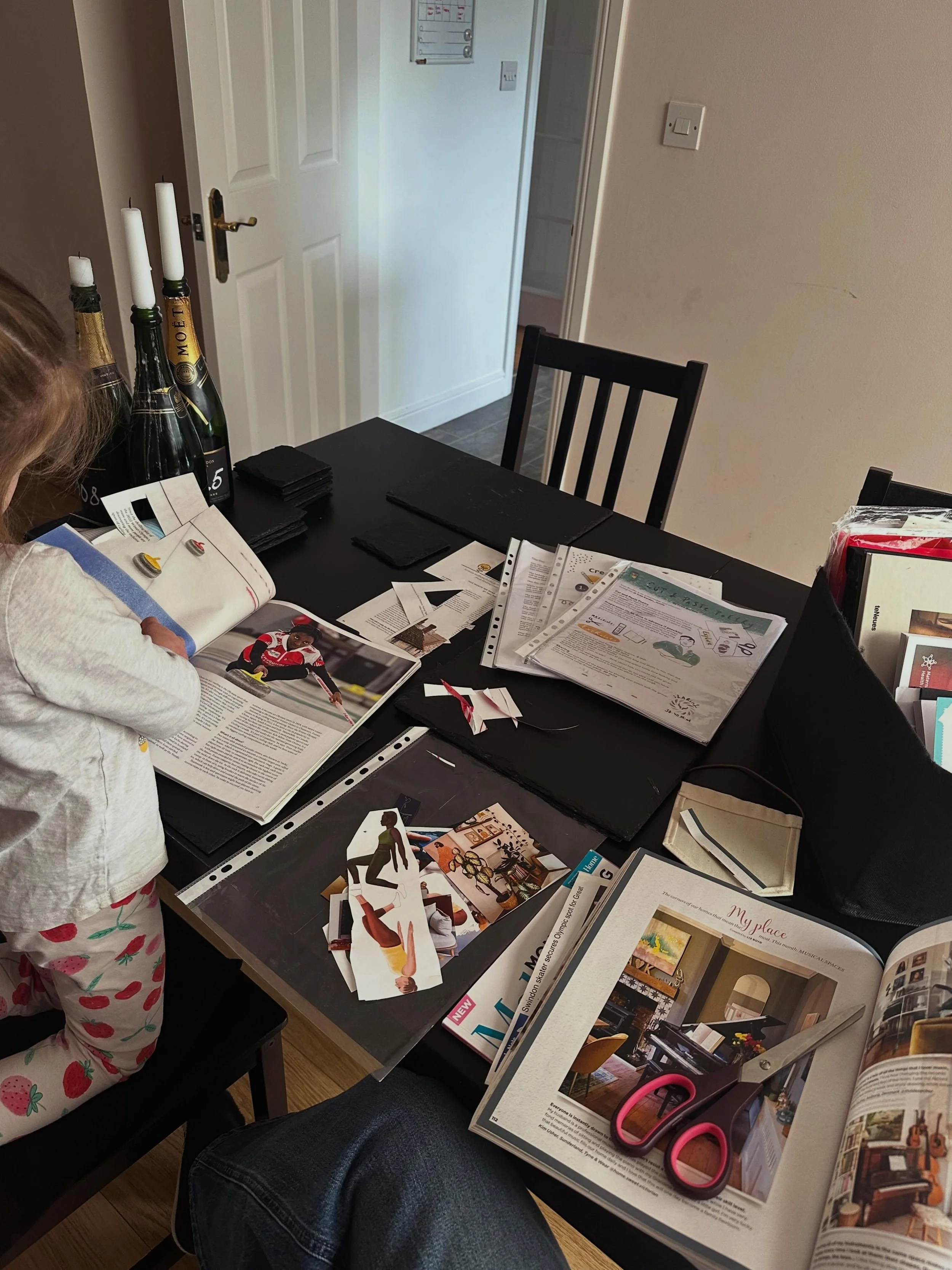 Prepping for today&rsquo;s creative journalling workshop with @shine.swindon.pnd.support 

My small helper has a teacher training day today so she is doing collage pre-cuts with me!

We are launching @maternaljrnlswindon (a 6-week creative journaling