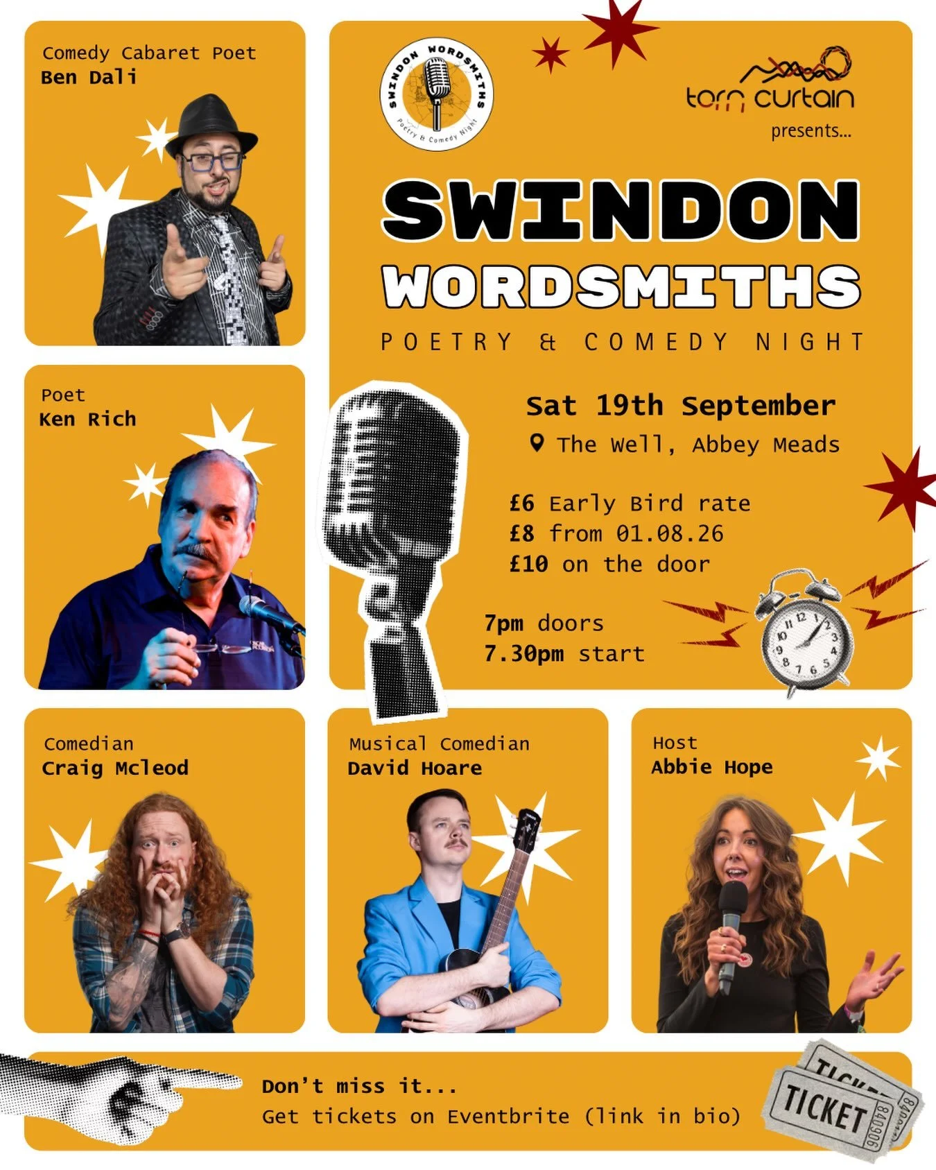 @swindonwordsmiths is back! We are so excited to announce a stellar line-up of pro poets and comedians.

📅 19.09.2026
📍 The Well Church, SN25 4YX
⏰ 7pm doors, 7.30pm start
💵 &pound;6 Early Bird (ends 01.08.26) / &pound;8 in advance / &pound;10 on 