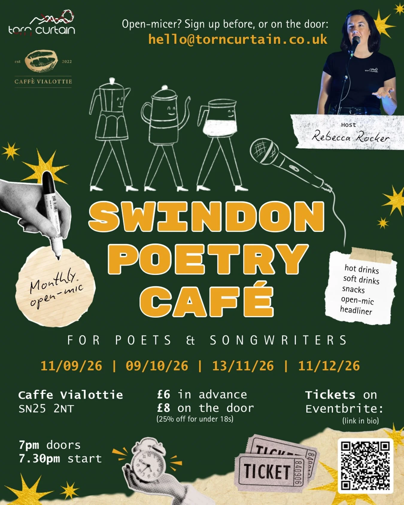 The Swindon Poetry Caf&eacute; returns on Friday 11th September, then the second Friday of every month.

📅 Dates: 11/09, 09/10, 13/11, 11/12
📍 Venue: @caffe_vialottie 
⏰ Time: 7pm doors, 7.30pm start
🎤 Host: @rebeccarockerwrites 

We have some bri