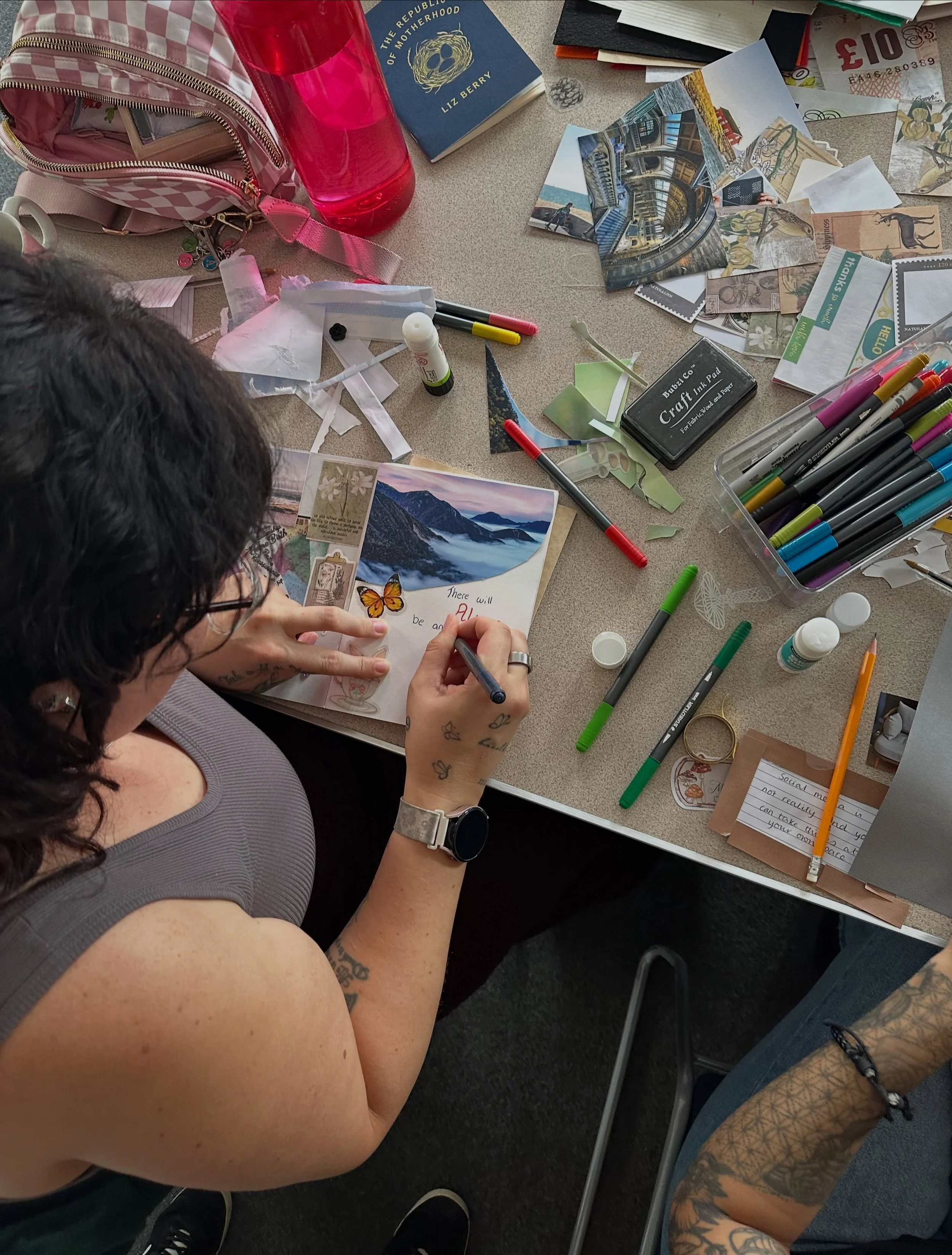 @rebeccarockerwrites was creative journaling with mums at @shine.swindon.pnd.support today. 

We start with scraps and raw materials and use simple journaling techniques to find connection, with ourselves, with our babies, and with each other. 

We d
