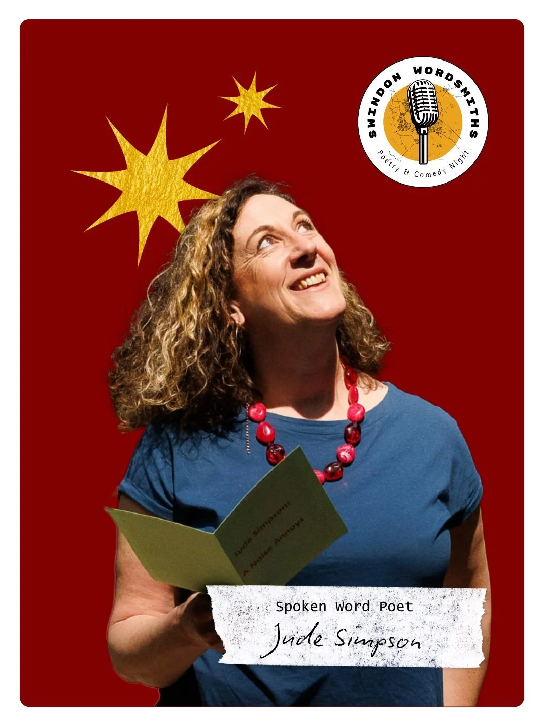 Your opener for @swindonwordsmiths on 21st November is professional joy-bringer @judesimpsonwords 

Jude is a poet and spoken word artist, writing and performing for both adults and children. Her unique combination of humour, wordplay and song create