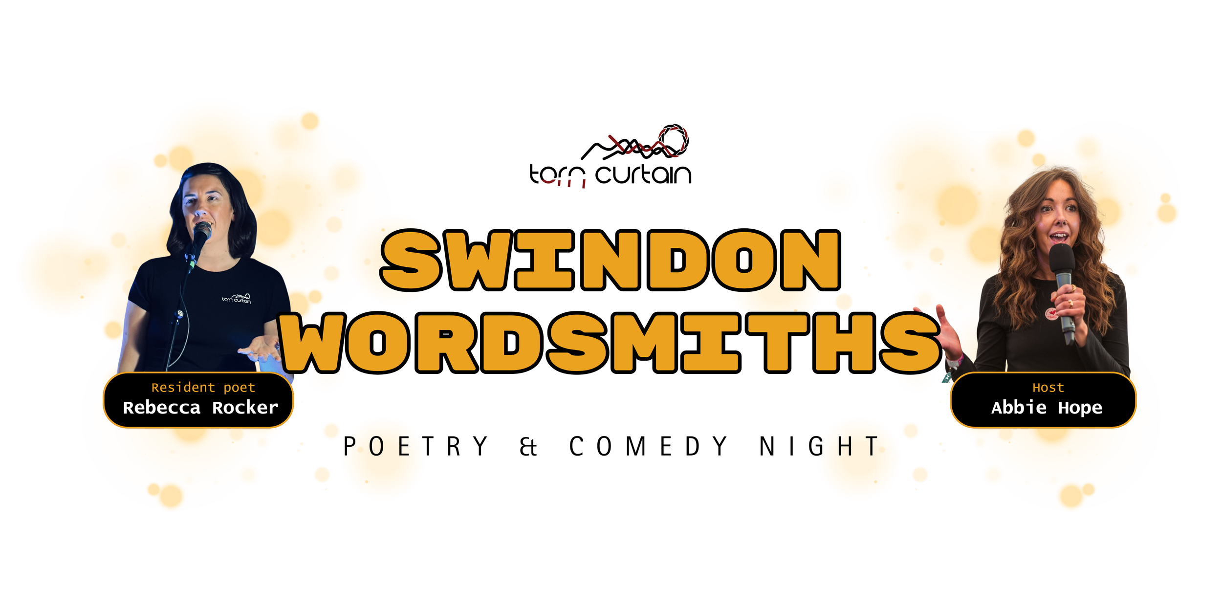 Poster for Swindon Wordsmiths poetry and comedy night featuring Rebecca Rocker and Abbie Hope.