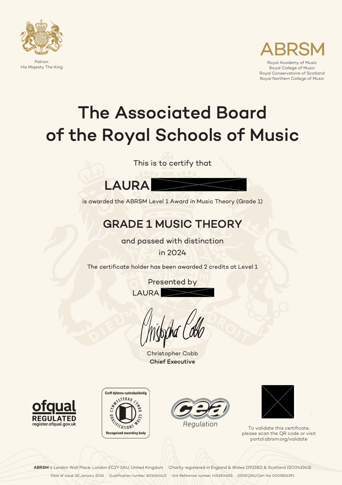Certificate from the Royal Schools of Music awarded to Laura for passing Grade 1 Music Theory in 2024, signed by Christopher Cobb, with official logos and a crown emblem.