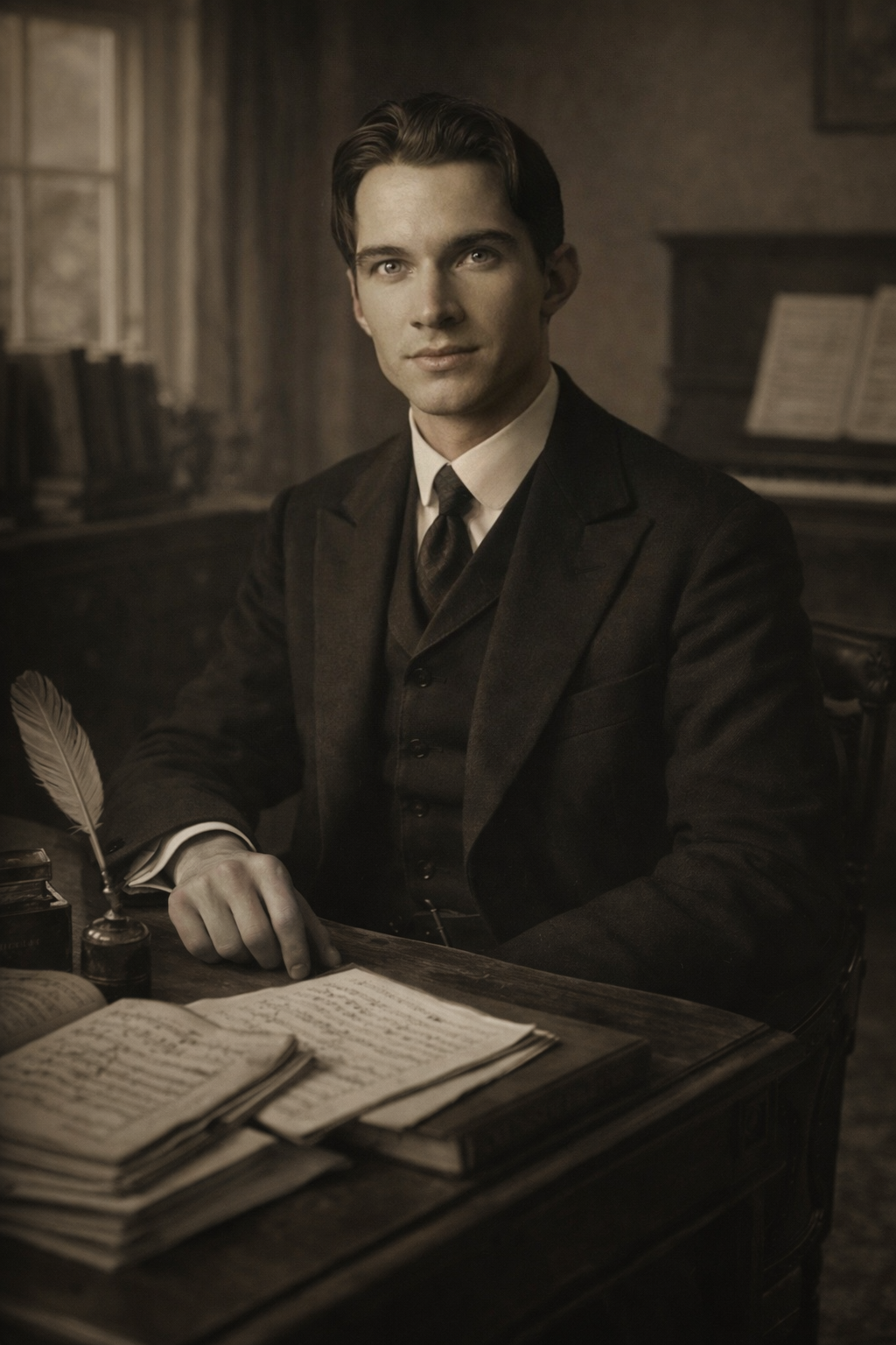 A young man in a vintage suit sitting at a desk with open books and a quill pen, in a dimly lit room with an old-fashioned setting.