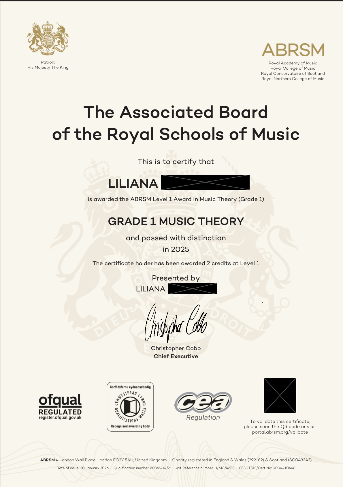 A certificate awarded by the Royal Schools of Music to Liliana for passing Grade 1 Music Theory with distinction in 2025. The certificate features official seals, signatures, and the Royal Arms, with a beige background and black and gold text.
