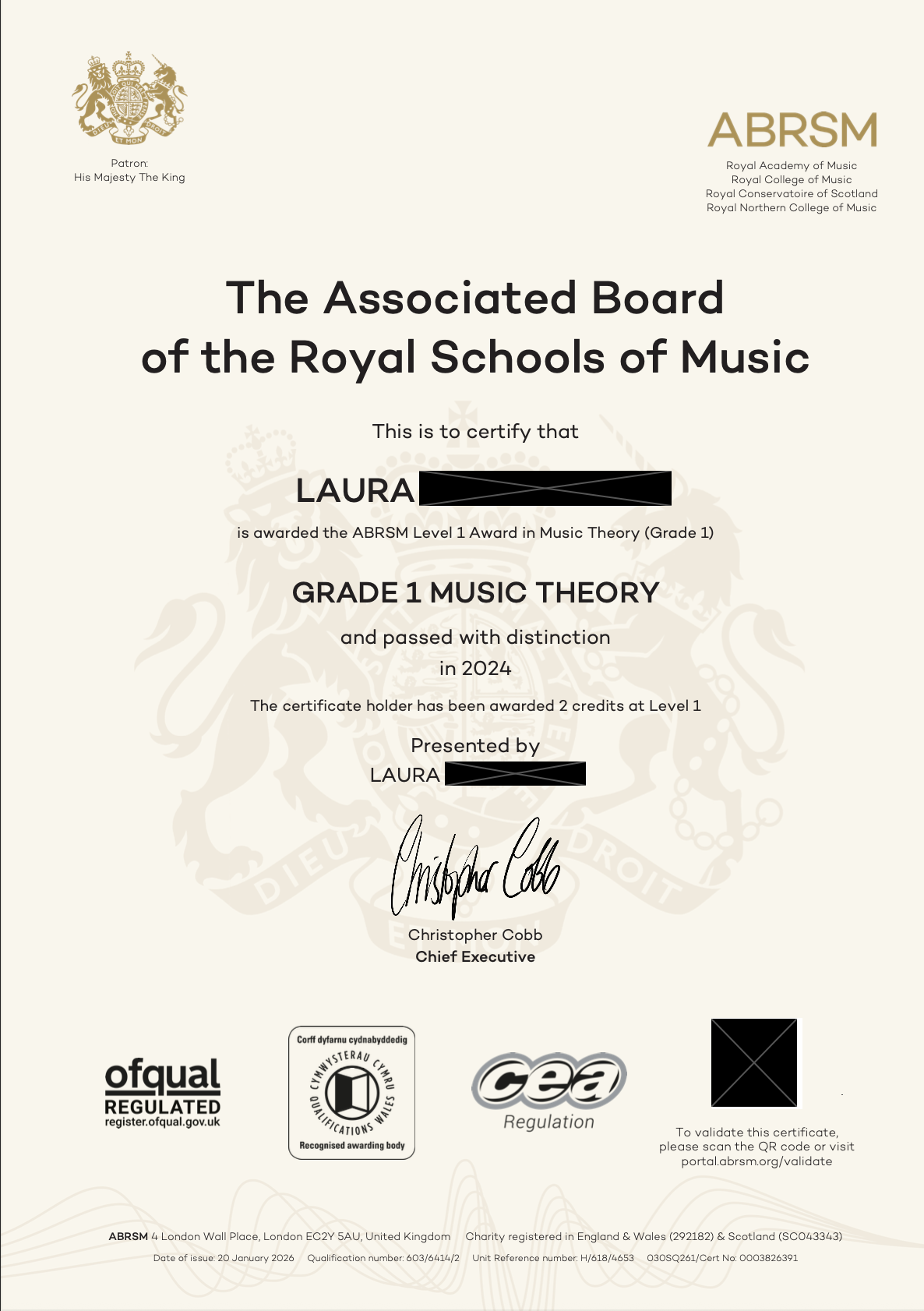 Certificate from the Royal Academy of Music awarded to Laura for passing Grade 1 Music Theory in 2024, signed by Christopher Cobb.