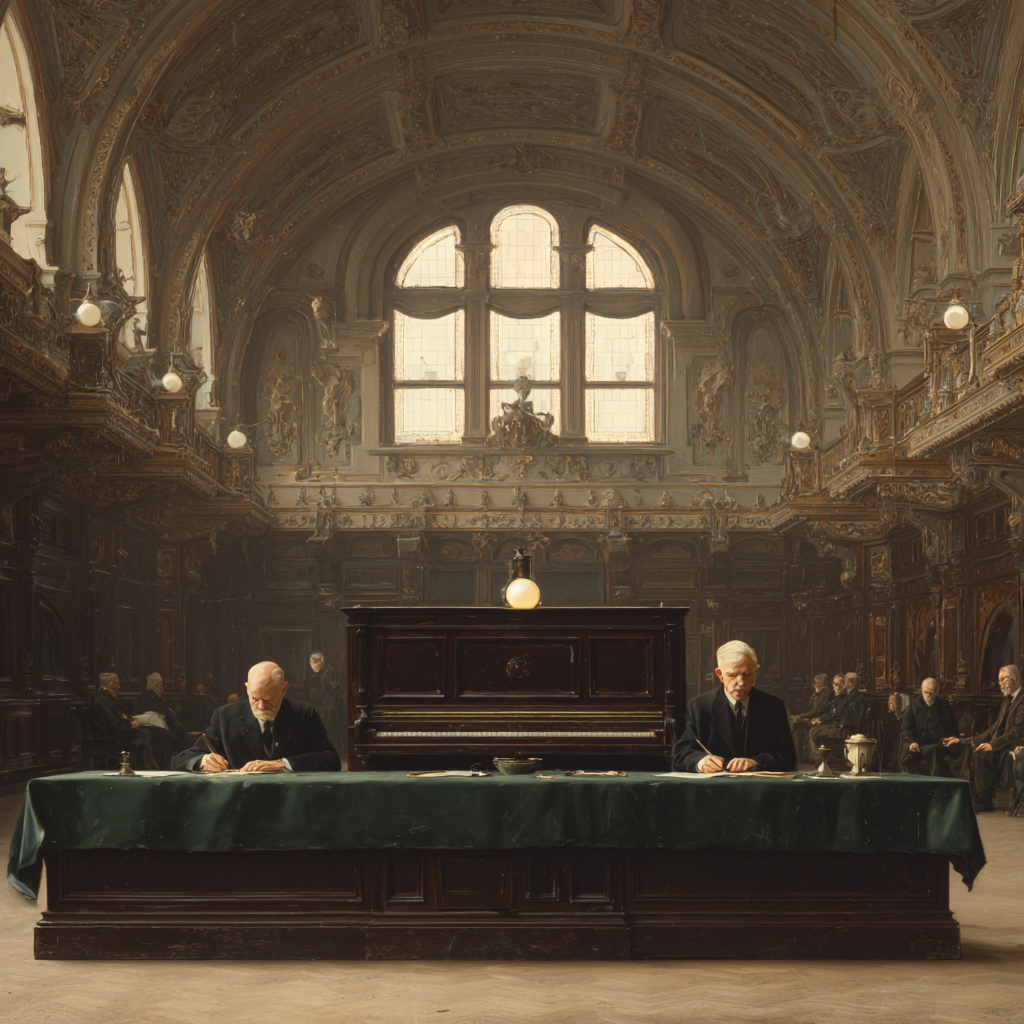 A historical courtroom with ornate woodwork and high arched ceiling, featuring two elderly men sitting at a long green-draped table, signing documents. Additional people are seated along the walls, and large windows let in natural light.