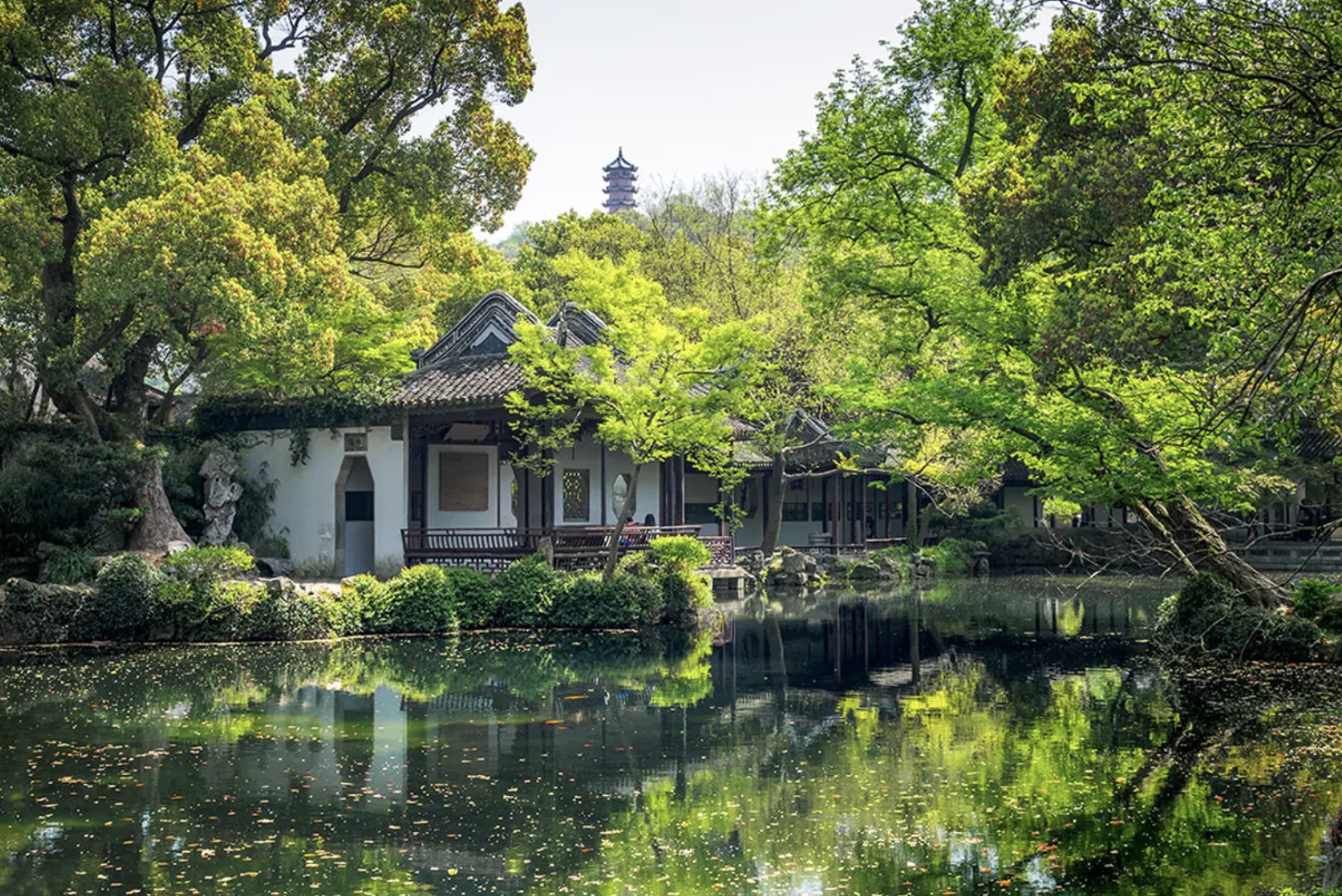 A traditional Asian-style building with dark roof tiles surrounded by lush green trees beside a calm pond reflecting the scenery.