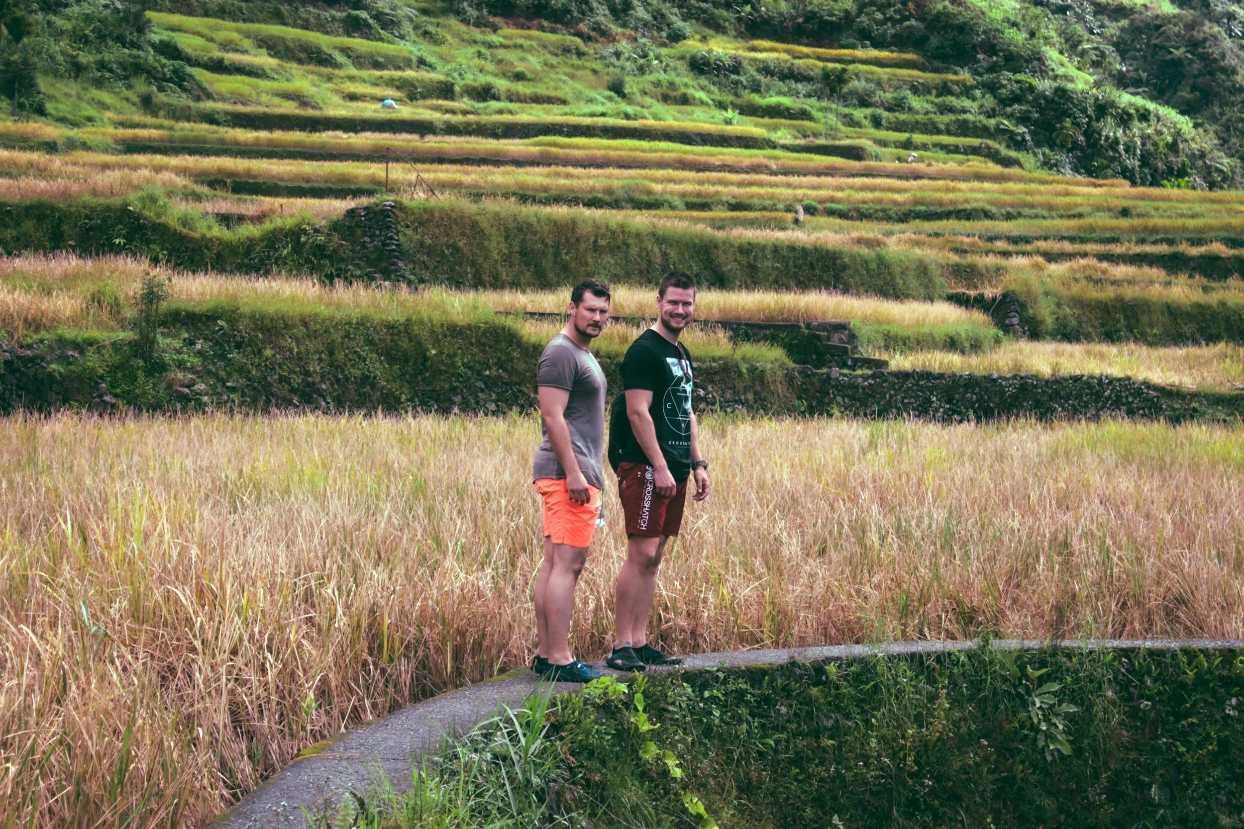 Two men standing on a curved structure in a rice field with terraced hills in the background.