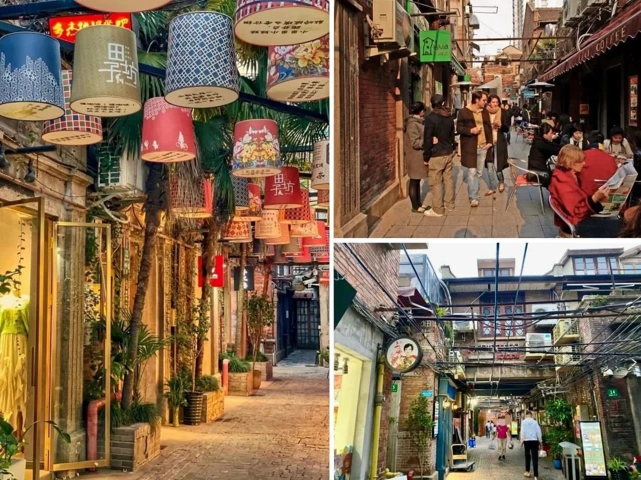 A collage of four images depicting various street scenes in an Asian city. The top-left image shows a colorful street with hanging lanterns and shops with potted plants. The top-right image captures a busy pedestrian street with people walking and sitting at outdoor cafes. The bottom-left image features a narrower alleyway with brick buildings, greenery, and signs. The bottom-right image shows another alley with overhead wires, brick buildings, and people walking.