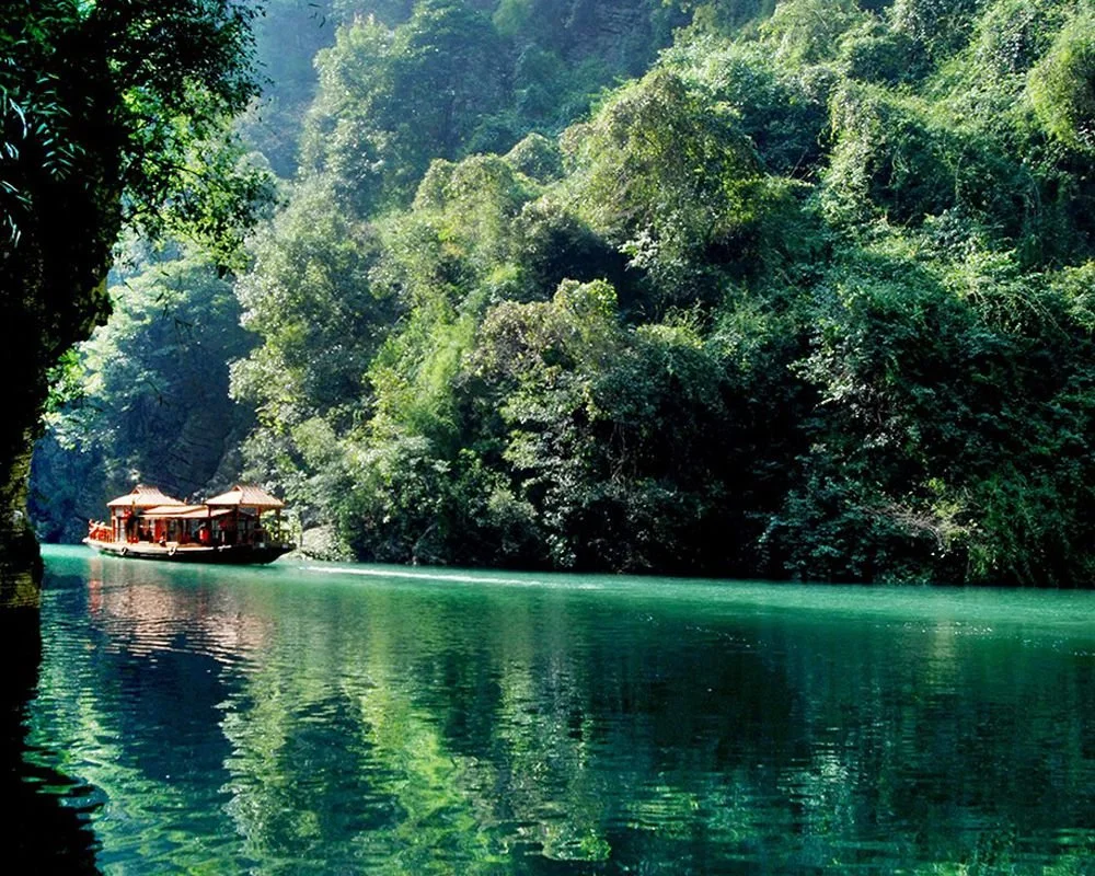 A boat on a serene river surrounded by lush green trees and foliage.