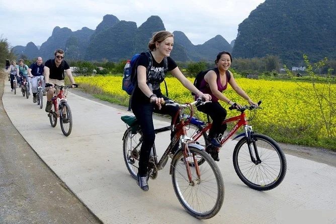Group of people riding bicycles along a rural road with mountains and yellow flowering fields in the background.