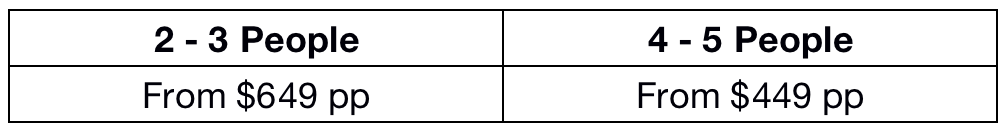 Pricing table showing options for 2-3 people starting at $649 per person and 4-5 people starting at $449 per person.
