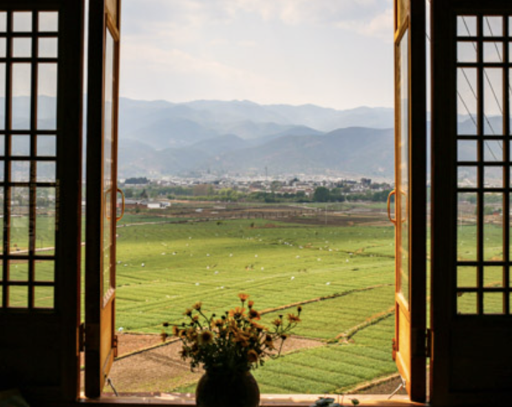 Open window with wooden frame overlooking green fields, with mountains in the background and a vase of flowers on the windowsill.