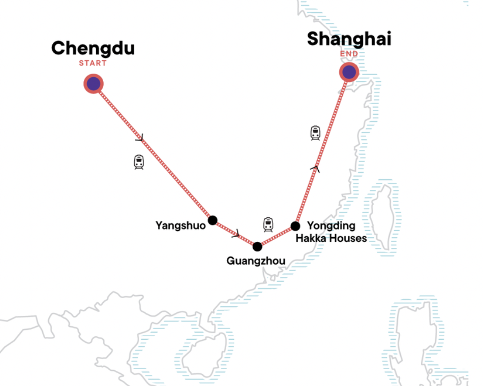 Map of a train route in China from Chengdu to Shanghai with stops at Yangshuo, Guangzhou, Yongding Hakka Houses, and Shanghai, indicating start and end points and train icons.