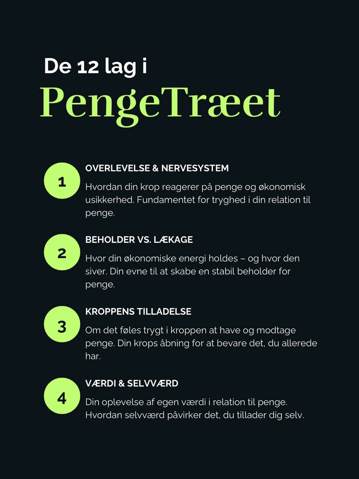 De f&oslash;rste 4 lag i PengeTr&aelig;et 🌳
&nbsp;
Det starter ikke med penge.
Det starter med det, der ligger under.
&nbsp;
Lag 1 &middot; Overlevelse &amp; nervesystem
F&oslash;les det sikkert for mig at have og v&aelig;re med penge?
&nbsp;