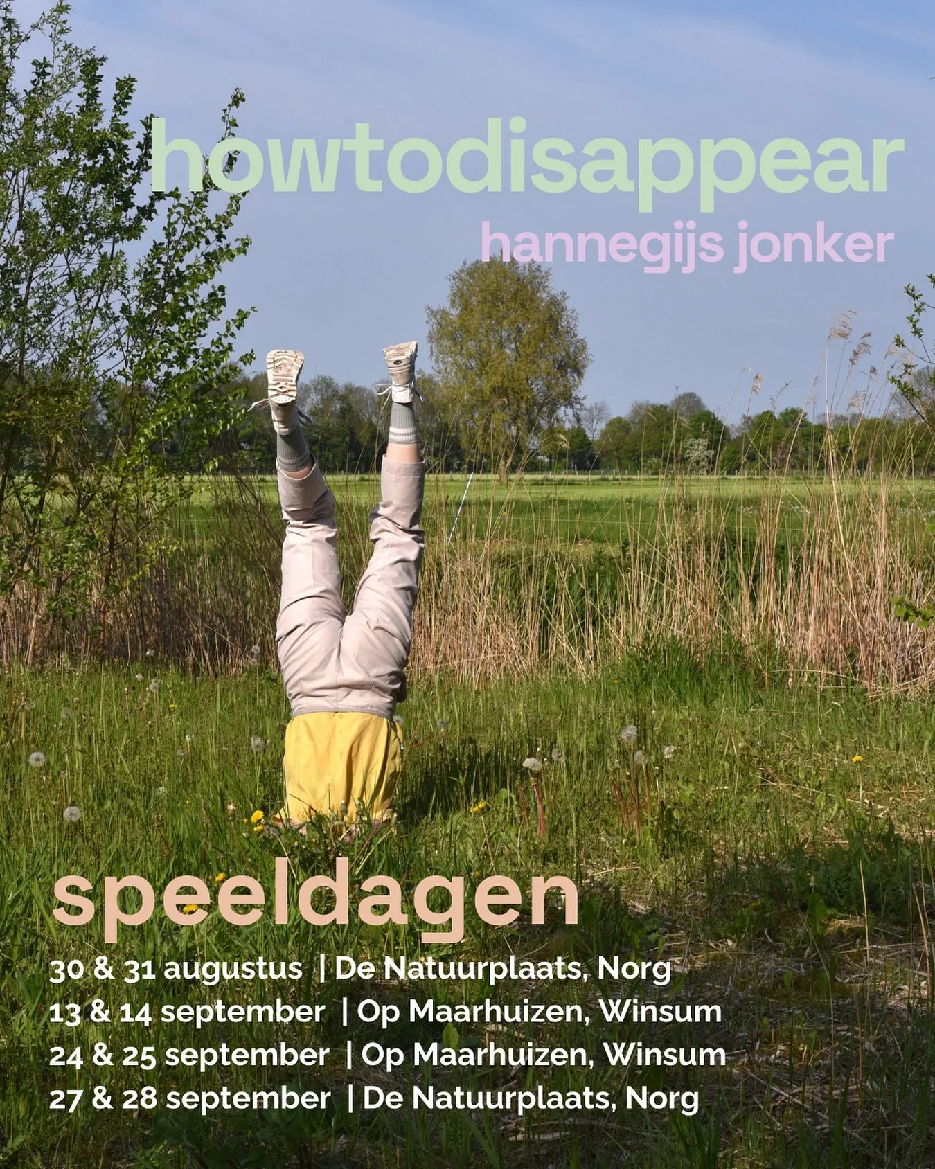 Heb je howtodisappear gemist op Noorderzon? No worries, we spelen de komende tijd in Norg en Winsum! 

Wat blijft er achter als de mens verdwijnt? 

Wandelen wordt denken.
De stilte begint te spreken.

In howtodisappear onderzoekt Hannegijs Jonker on