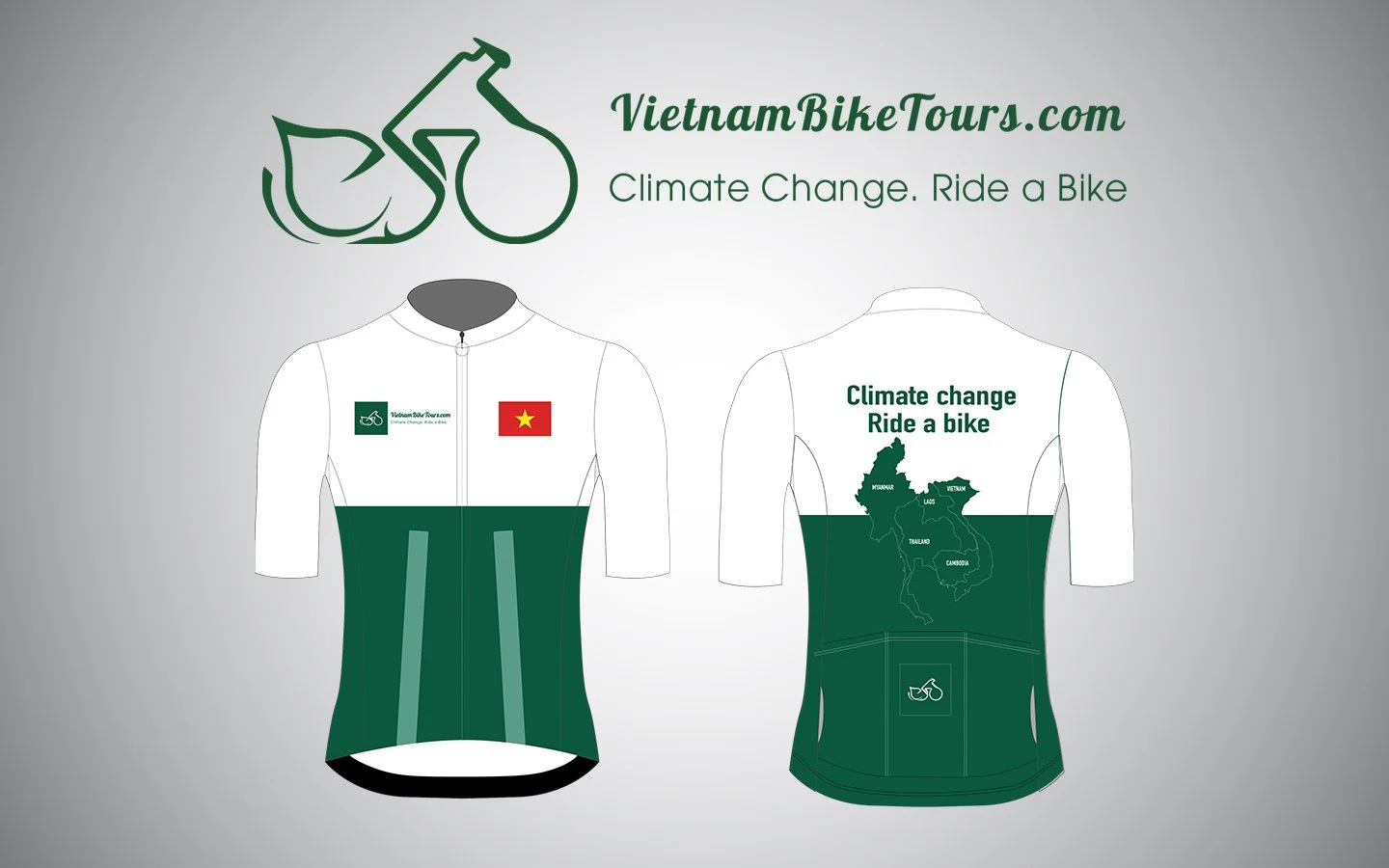 Design of cycling jersey promoting VietnamBikeTours.com with a Vietnam map and the slogan 'Climate Change. Ride a Bike'.