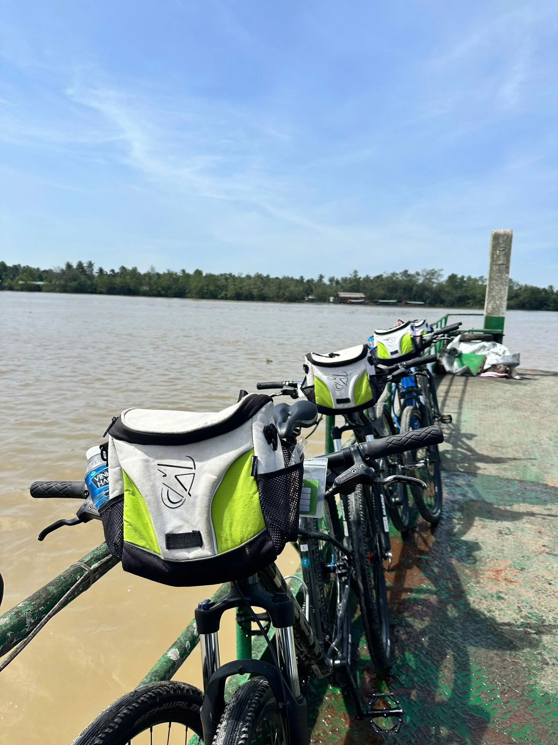 Multiple bicycles parked along a railing by a body of water with muddy banks, trees in the background, and a partly cloudy sky.