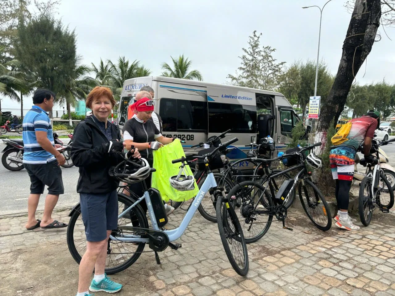 Group of people with bicycles next to a parked van on a city street, with palm trees in the background.